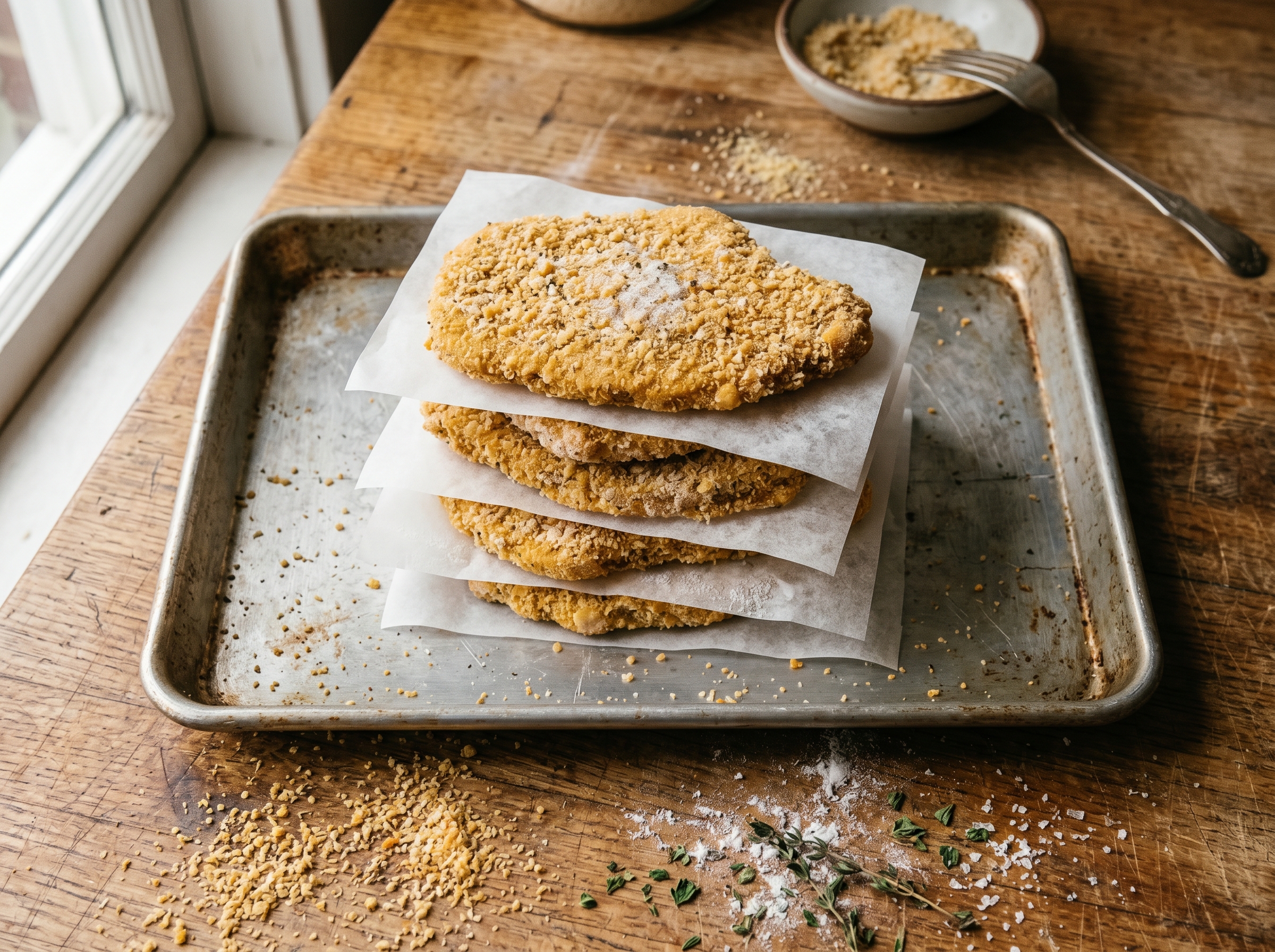 A stack of golden breaded cutlets layered between parchment on a sheet pan, frosted from the freezer