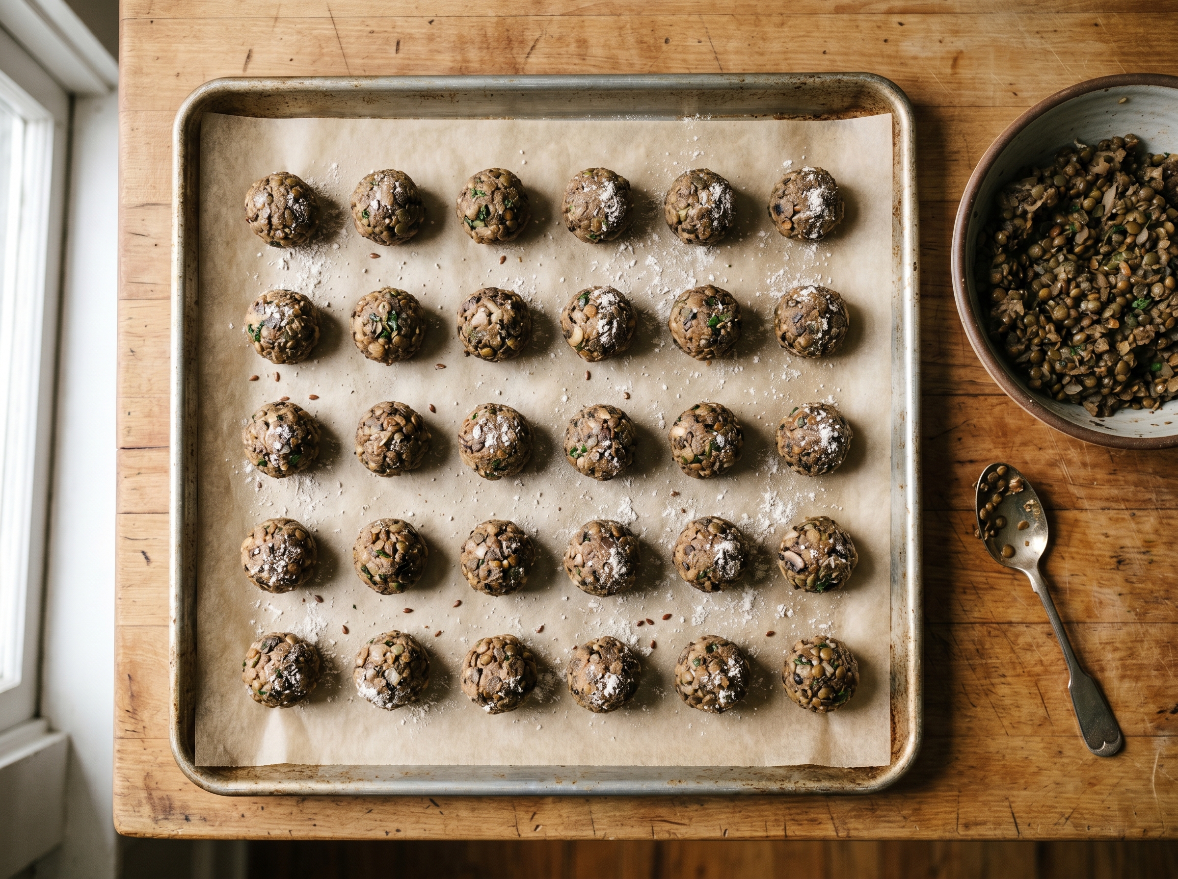 Rows of raw lentil-mushroom boulettes on a parchment-lined sheet pan ready for the freezer
