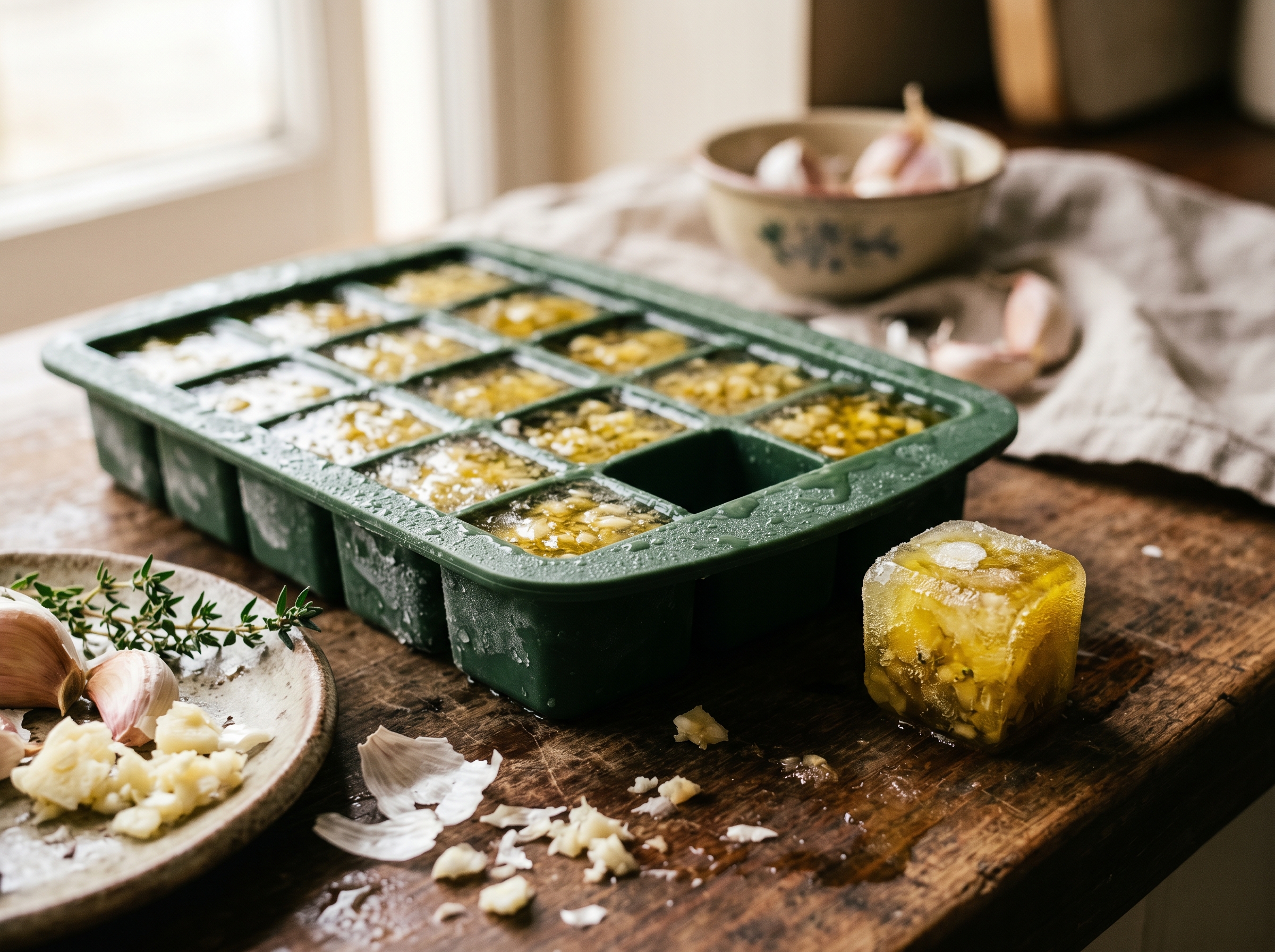 A silicone tray of frozen golden garlic-flecked olive oil cubes, one popped out beside crushed garlic