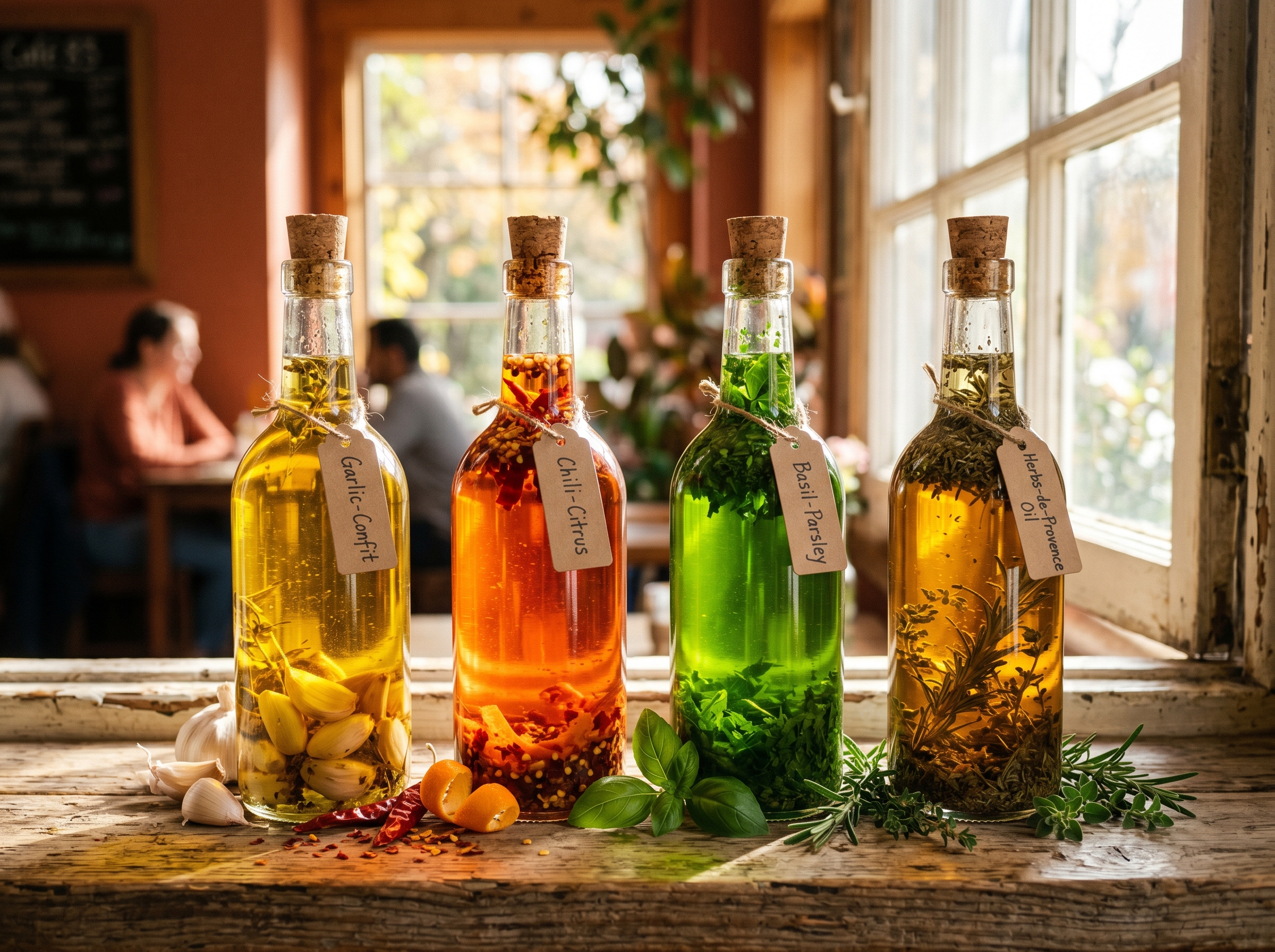 Four backlit bottles of infused olive oil glowing gold, red, green and herb-flecked on a windowsill