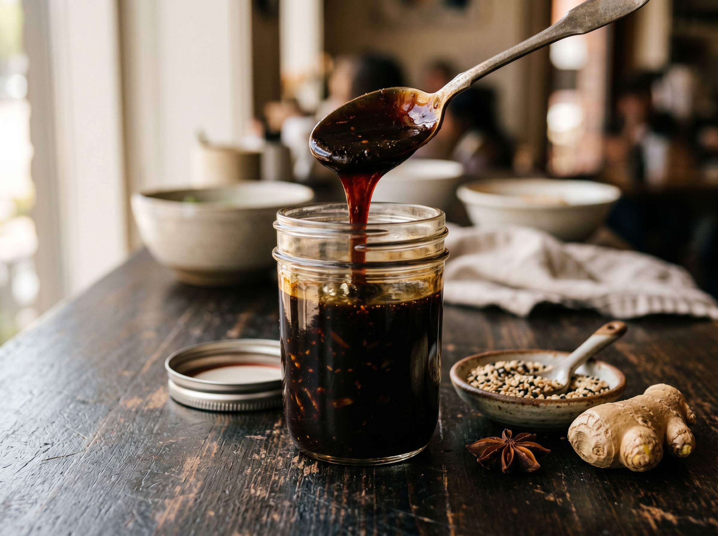 A glass jar of dark glossy lo mein sauce, a spoon pouring it thick, sesame and ginger beside