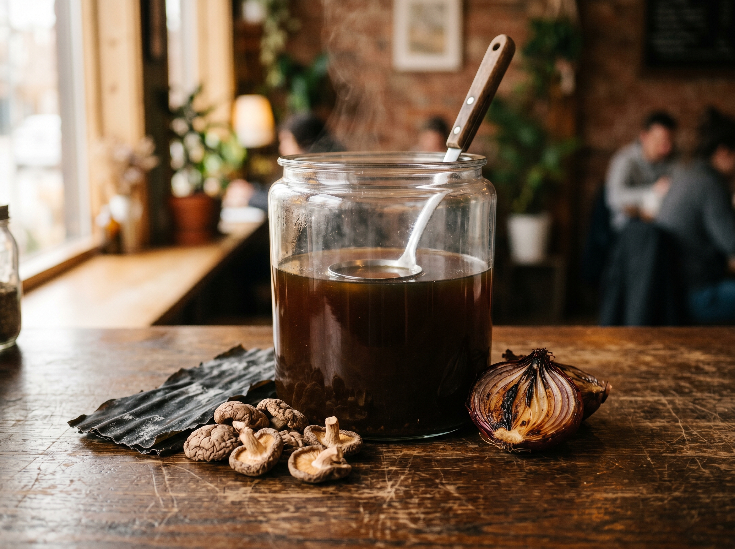 A large glass jar and ladle of dark amber mushroom-kombu broth, dried shiitake and kombu beside it