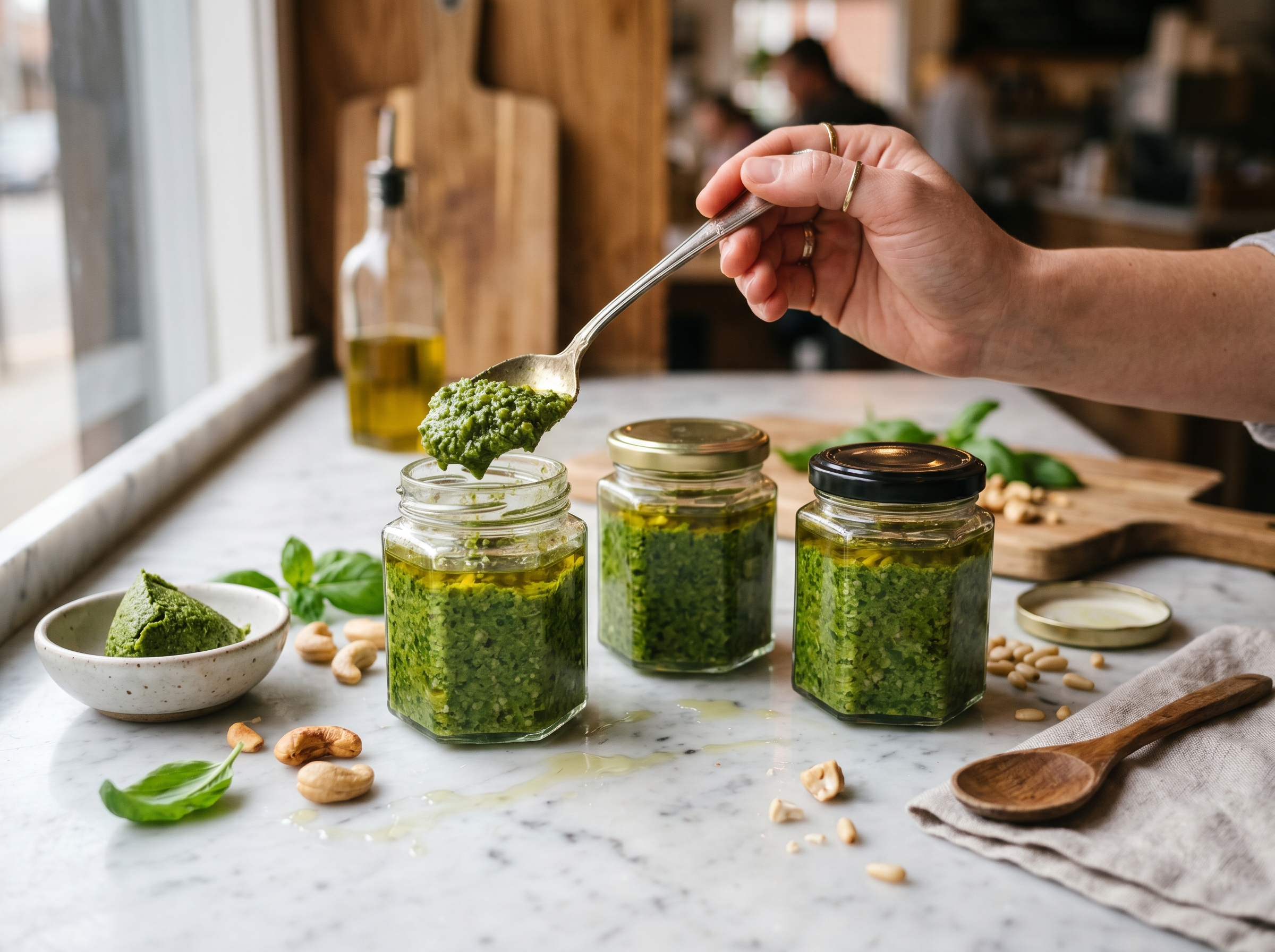 Three jars of vivid green Ligurian pesto under a film of olive oil, basil and pine nuts scattered