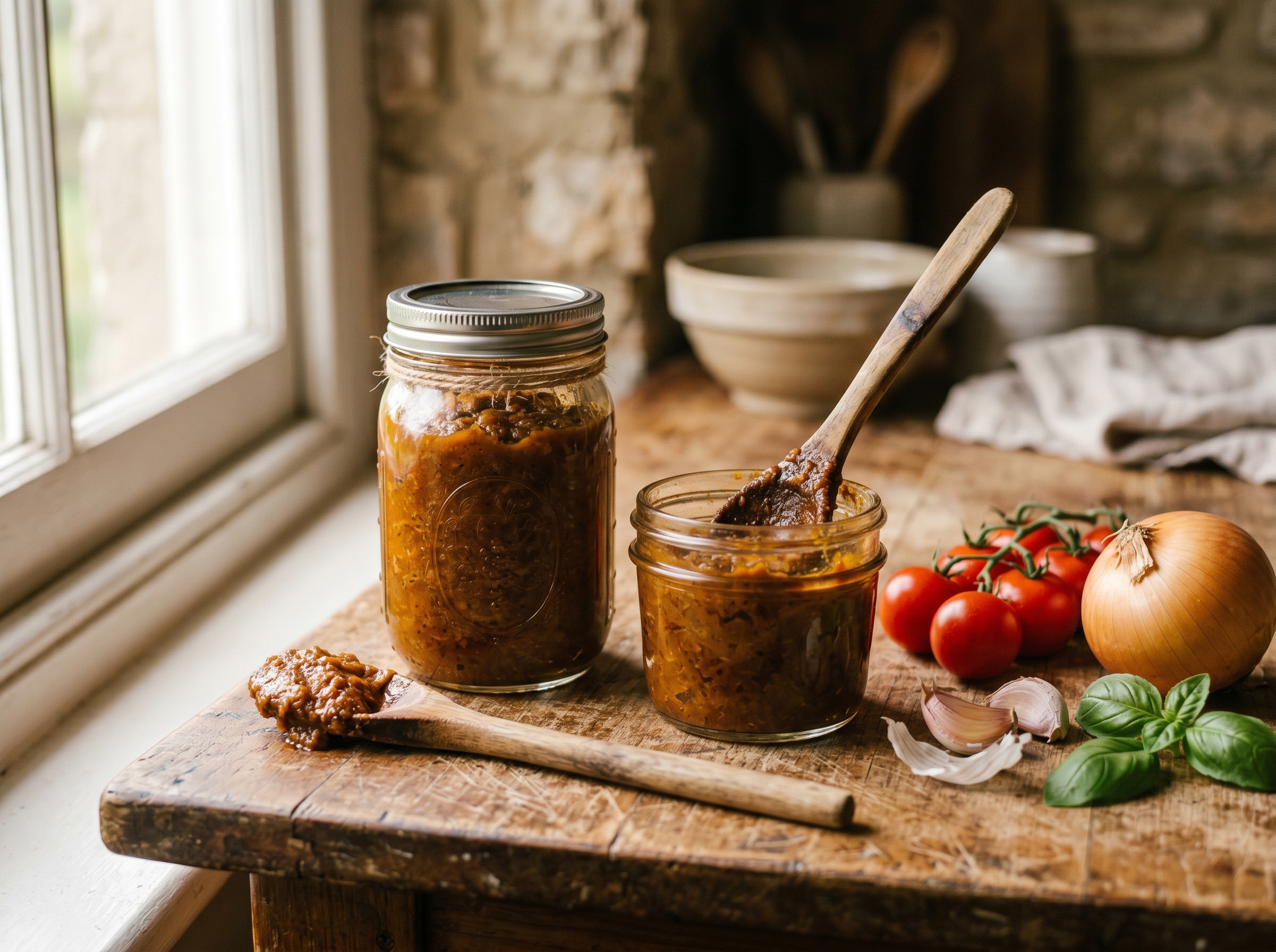 Jars of dark caramel-orange sofrito paste with a wooden spoon, tomatoes and an onion beside