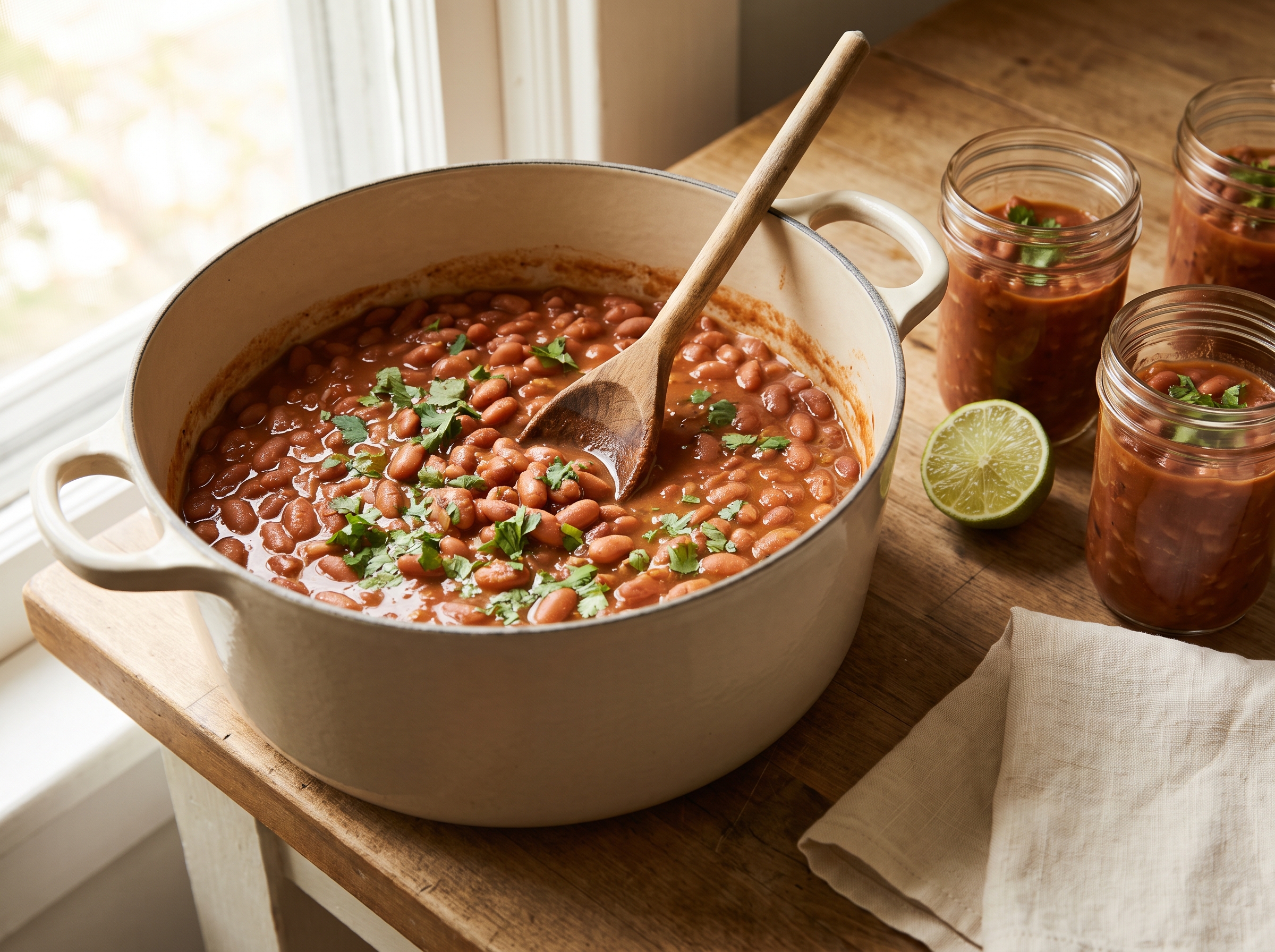 A rustic pot of glossy brick-red stewed pinto beans with a wooden spoon and chopped cilantro, with meal-prep jars of the beans and a halved lime alongside