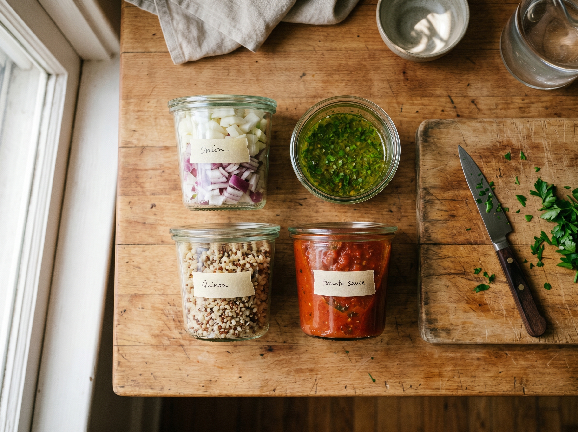 Four labeled glass containers of prepped onions, vinaigrette, grains and sauce on a counter with a knife and board