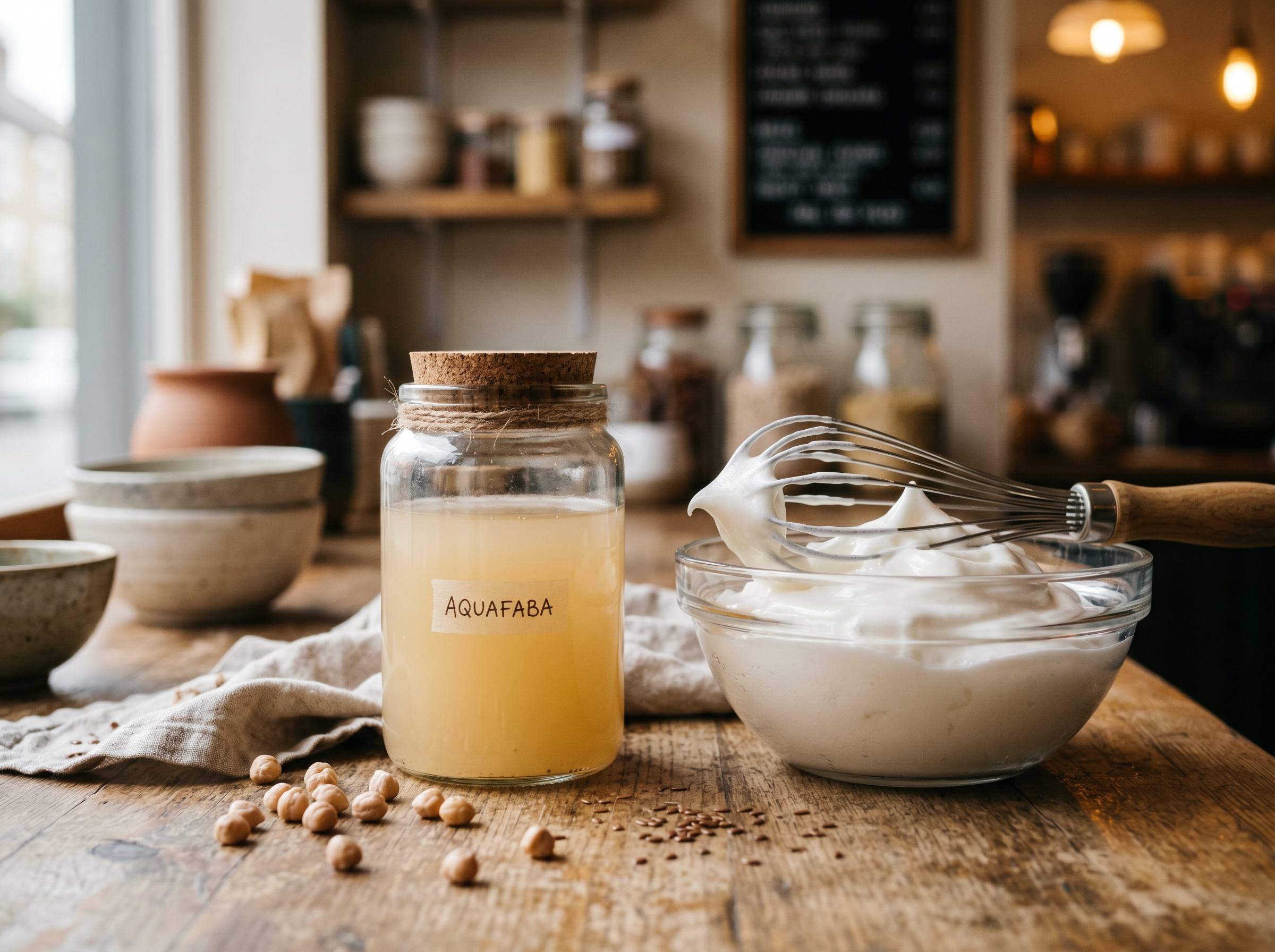 A jar of cloudy aquafaba beside a bowl of it whipped to glossy stiff white peaks with a whisk