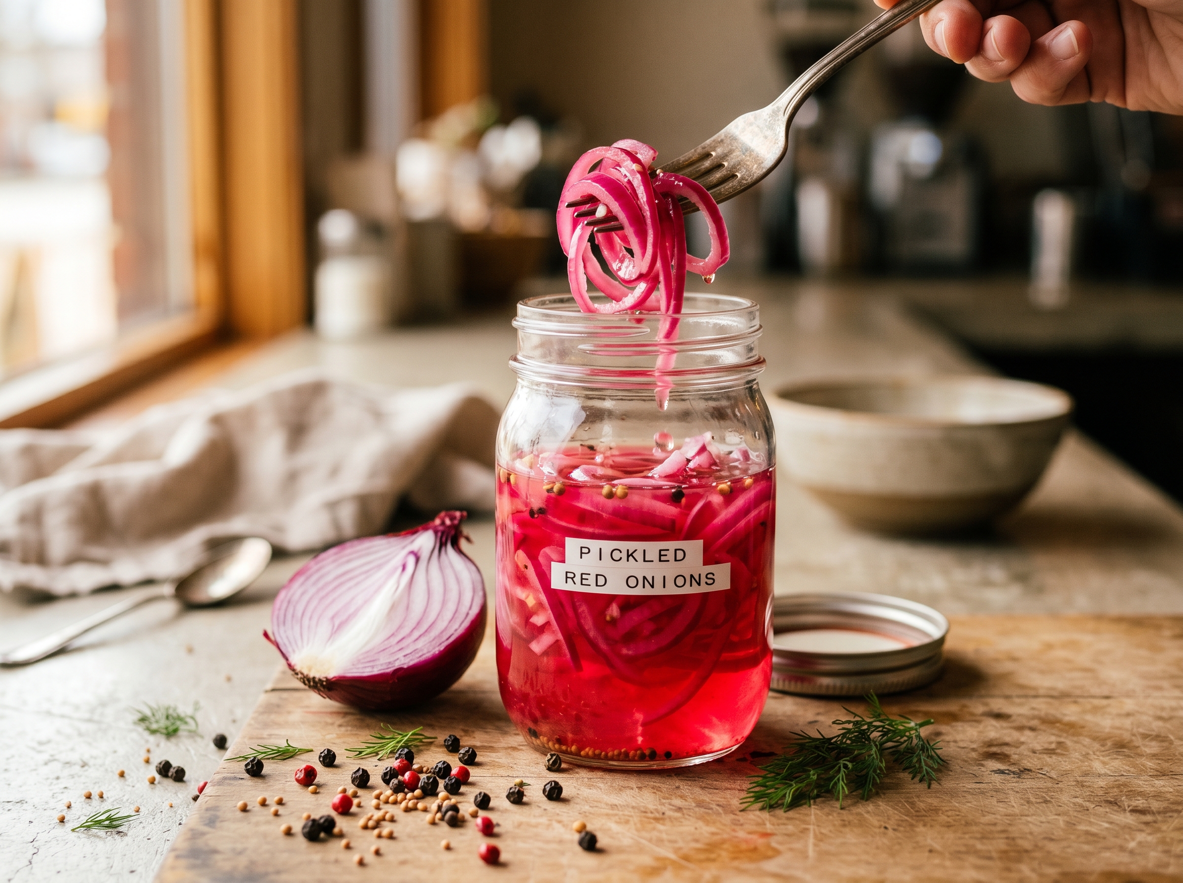 A jar of bright magenta-pink quick-pickled red onions, a fork lifting the glistening rings