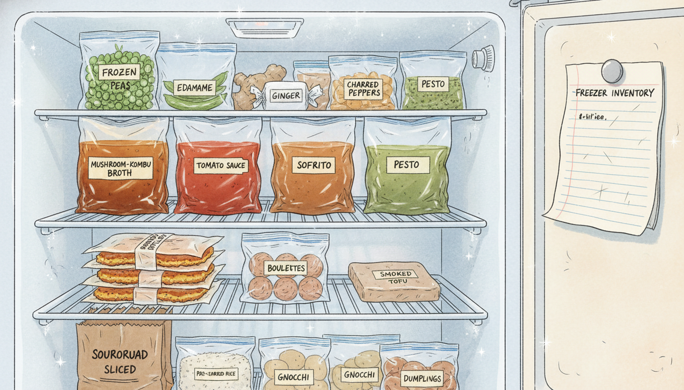 A hand-illustrated French chef's freezer interior. White enameled freezer with three wire racks: top rack holds bags of frozen peas, edamame, ginger, and charred peppers; middle rack has four large flat-frozen bags labeled Mushroom-Kombu Broth, Tomato Sauce, Sofrito, and Pesto; lower middle rack has parchment-wrapped breaded cutlets, raw boulettes, and smoked tofu; bottom rack holds sliced sourdough, par-cooked rice, gnocchi, and dumplings. A handwritten freezer inventory pinned to the door.