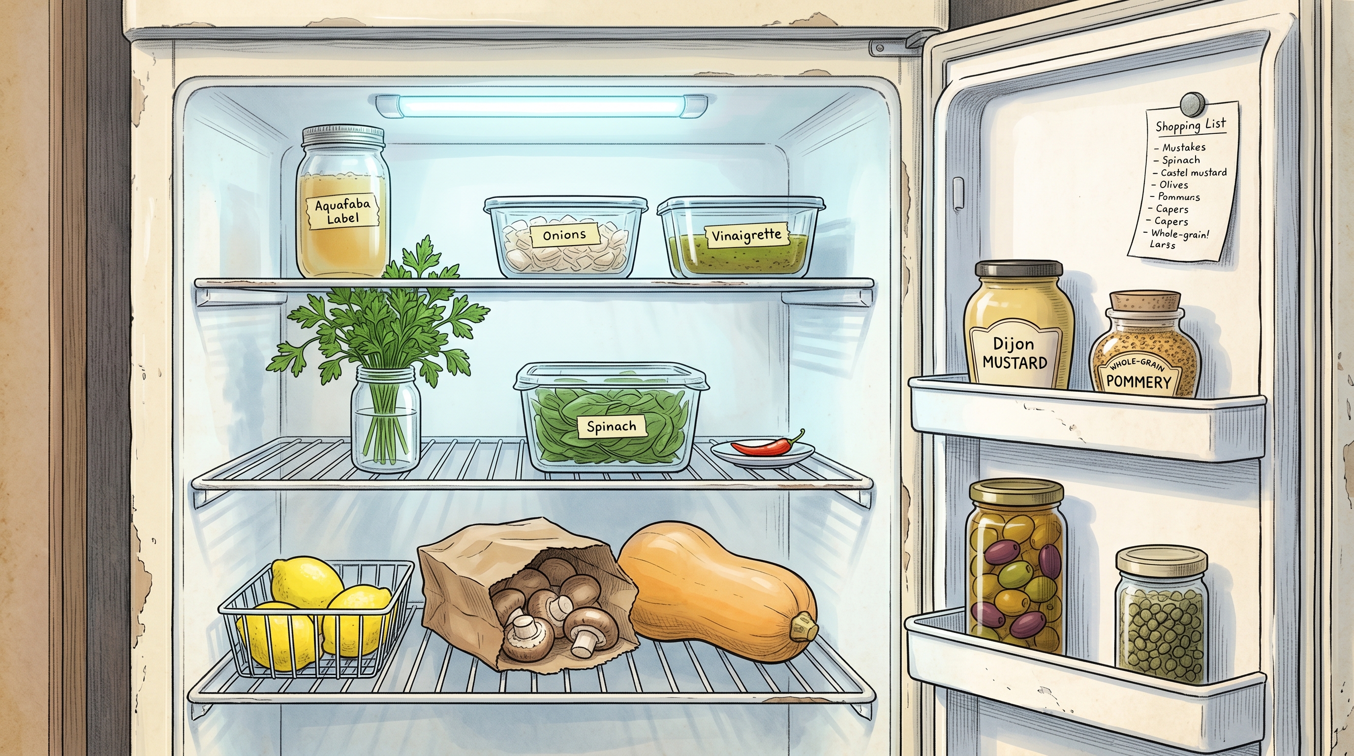 A hand-illustrated French chef's fridge interior. White enameled fridge with three wire racks: top rack holds a small aquafaba jar and Sunday mise-en-place containers; middle rack has a bouquet of parsley in a glass of water, a box of leafy greens, and a small chile; lower rack has a paper bag of cremini mushrooms and a butternut squash; bottom rack has a wire basket of lemons. The door holds Dijon mustard, whole-grain Pommery, mixed olives, and capers.
