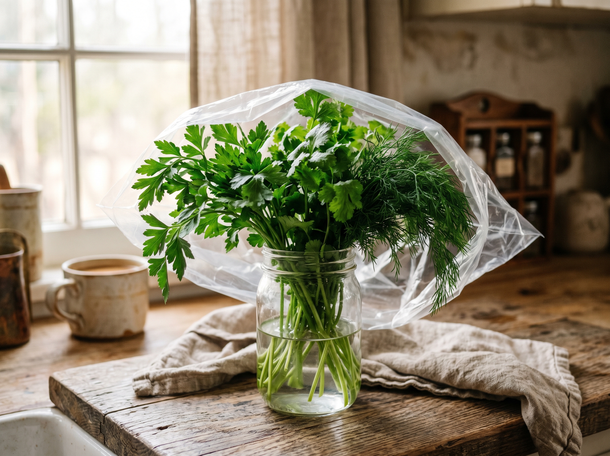 Bunches of parsley, cilantro and dill standing stems-down in a jar of water like cut flowers, a loose bag over the leaves