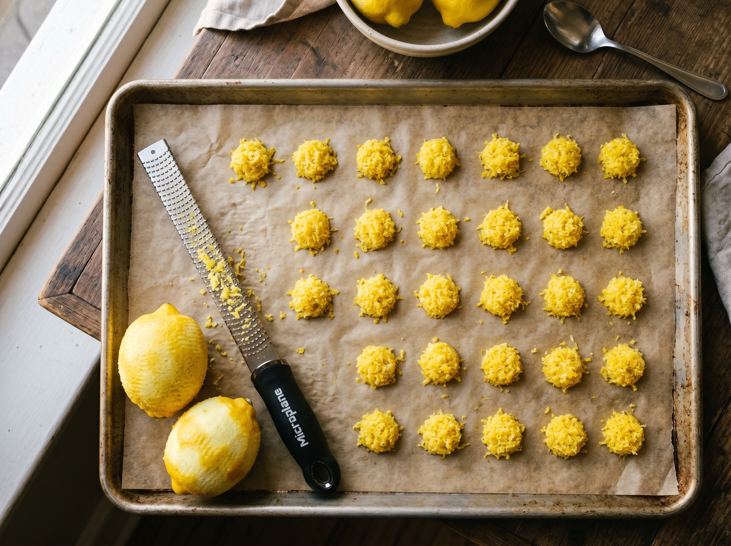 Small bright-yellow mounds of fresh lemon zest in rows on a parchment tray with a Microplane and zested lemons