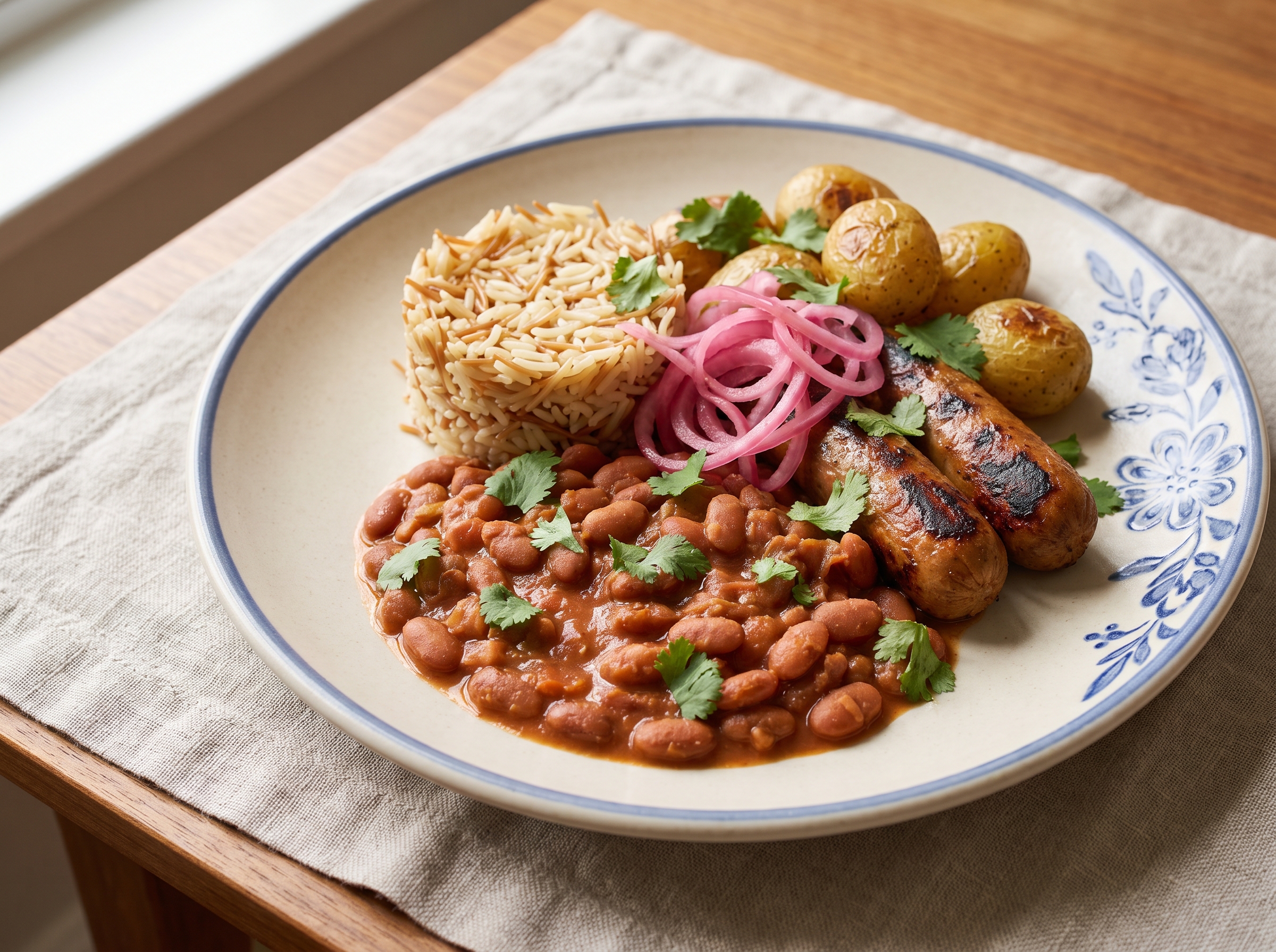 A lightened vegetarian plate on a blue-rimmed dish — saucy beans at the centre, toasted vermicelli rice, grilled sausages, roasted baby potatoes, pickled onions and cilantro