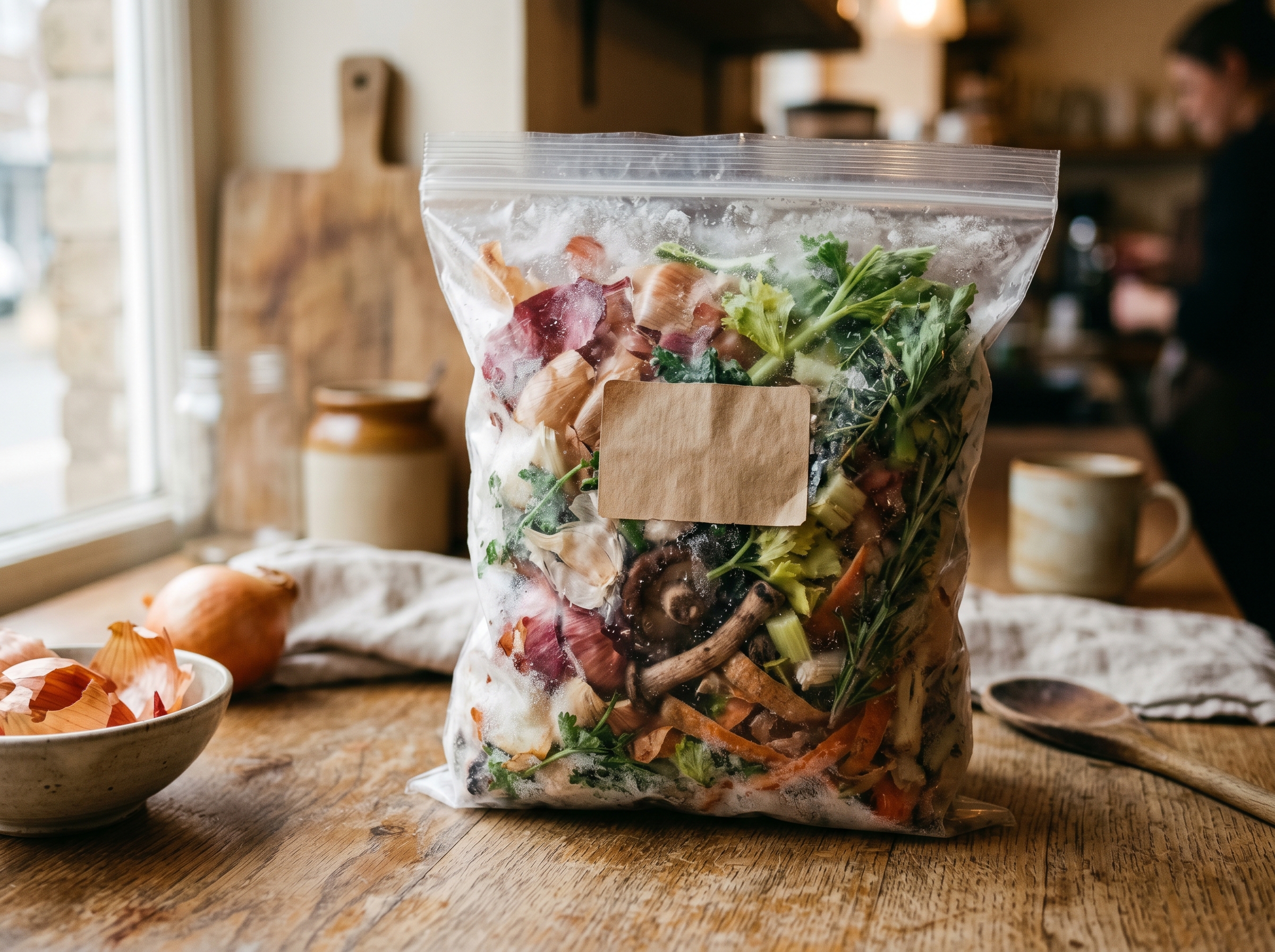 A clear freezer bag full of saved vegetable trimmings — onion skins, mushroom stems, carrot ends — frosted from the freezer