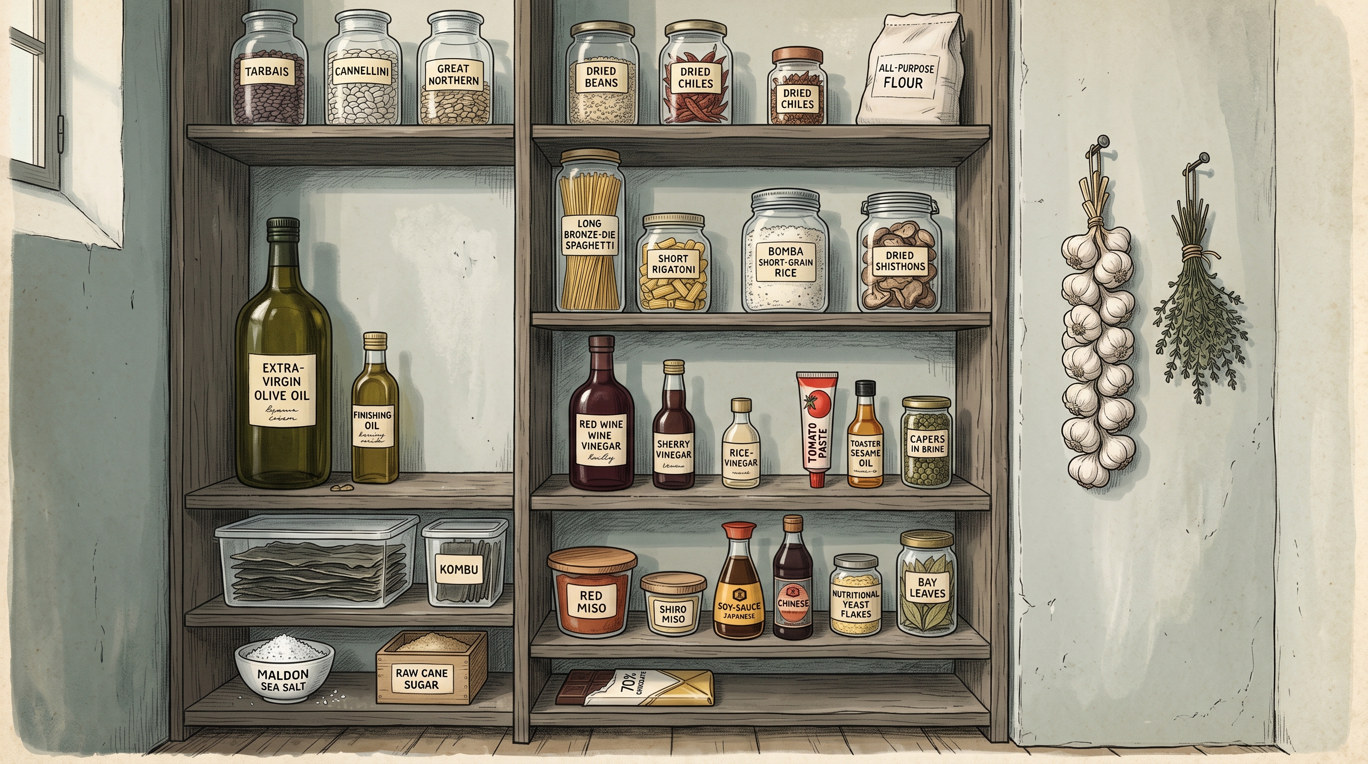 A hand-illustrated French back-of-house pantry cellar. Floor-to-ceiling rough wooden shelves hold glass apothecary jars of dried beans, rice, and bronze-die spaghetti; dark glass bottles of olive oil and red wine vinegar; jars of red miso and stacked kombu sheets; a white ceramic bowl of Maldon flaky salt. A long braid of garlic and a bunch of dried thyme hang from a wall nail.