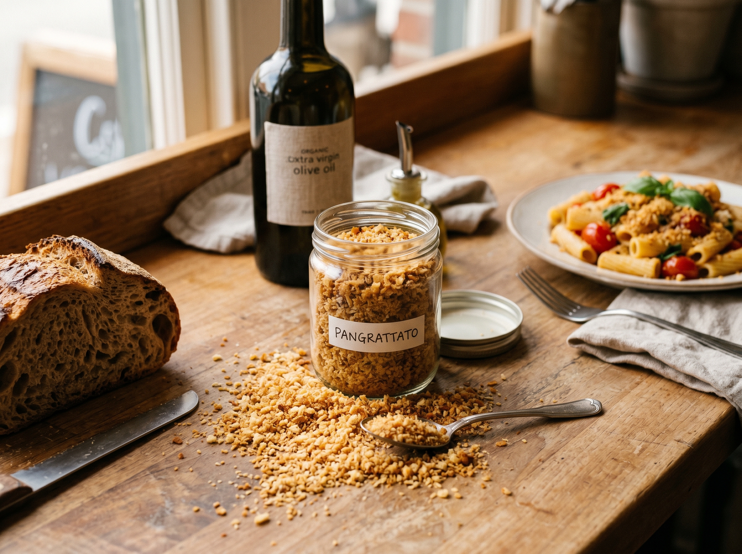 A jar of golden toasted breadcrumbs with a spoon, a heel of bread and olive oil behind