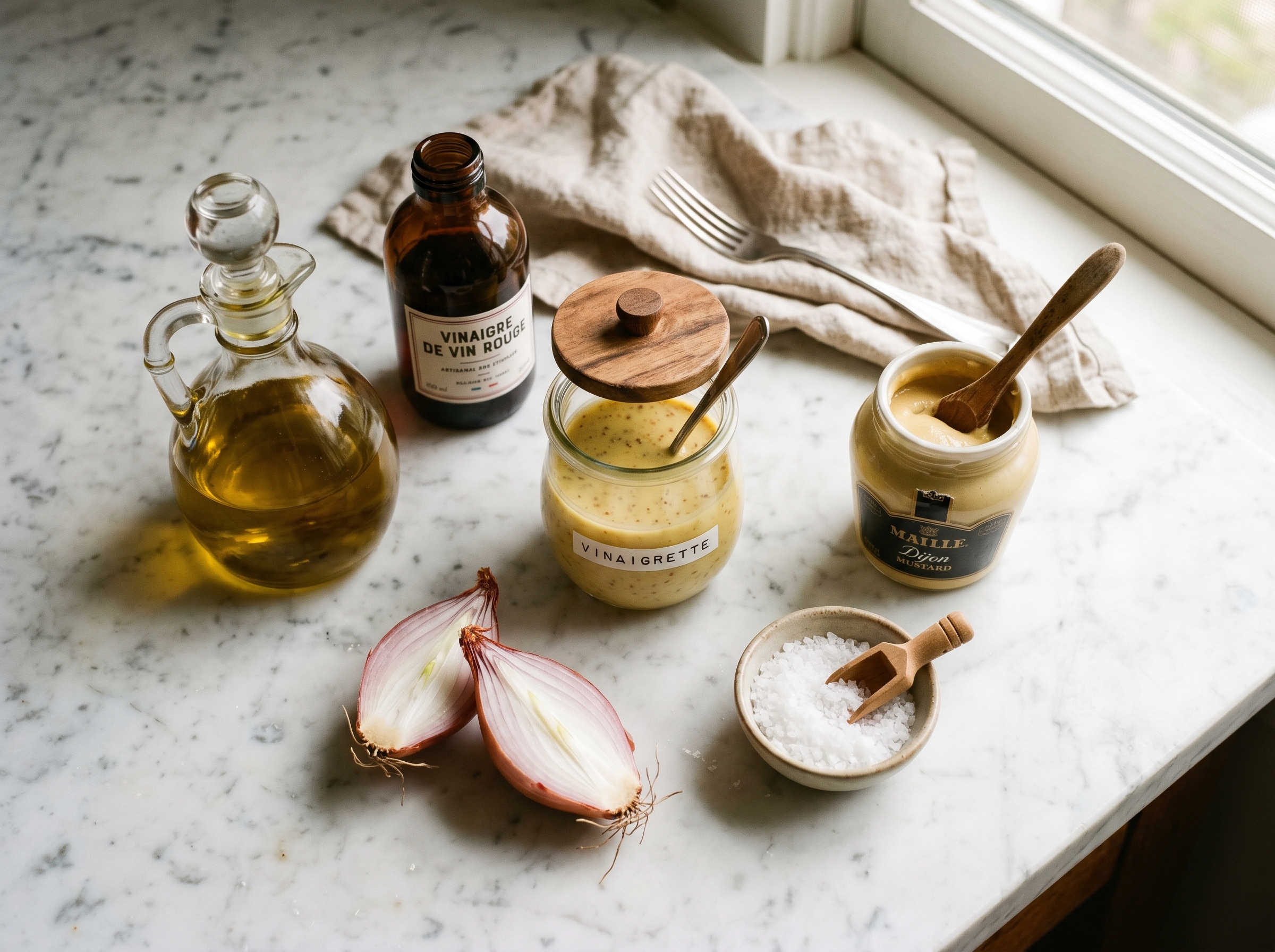 The components of a French vinaigrette laid out — oil, vinegar, Dijon, shallot and salt around a small jar of dressing
