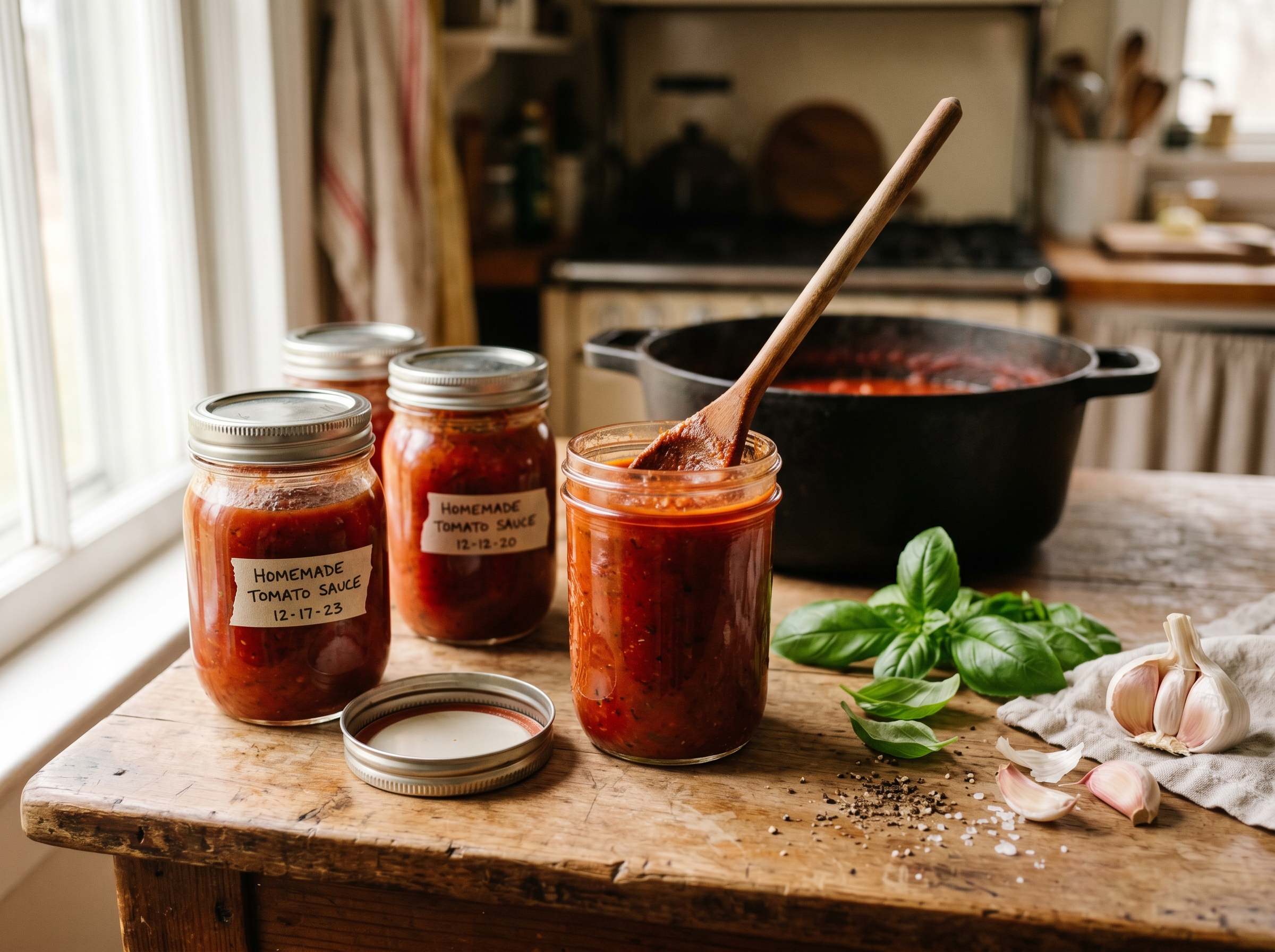 Glass jars of deep red slow-cooked tomato sauce on a counter with fresh basil and a wooden spoon