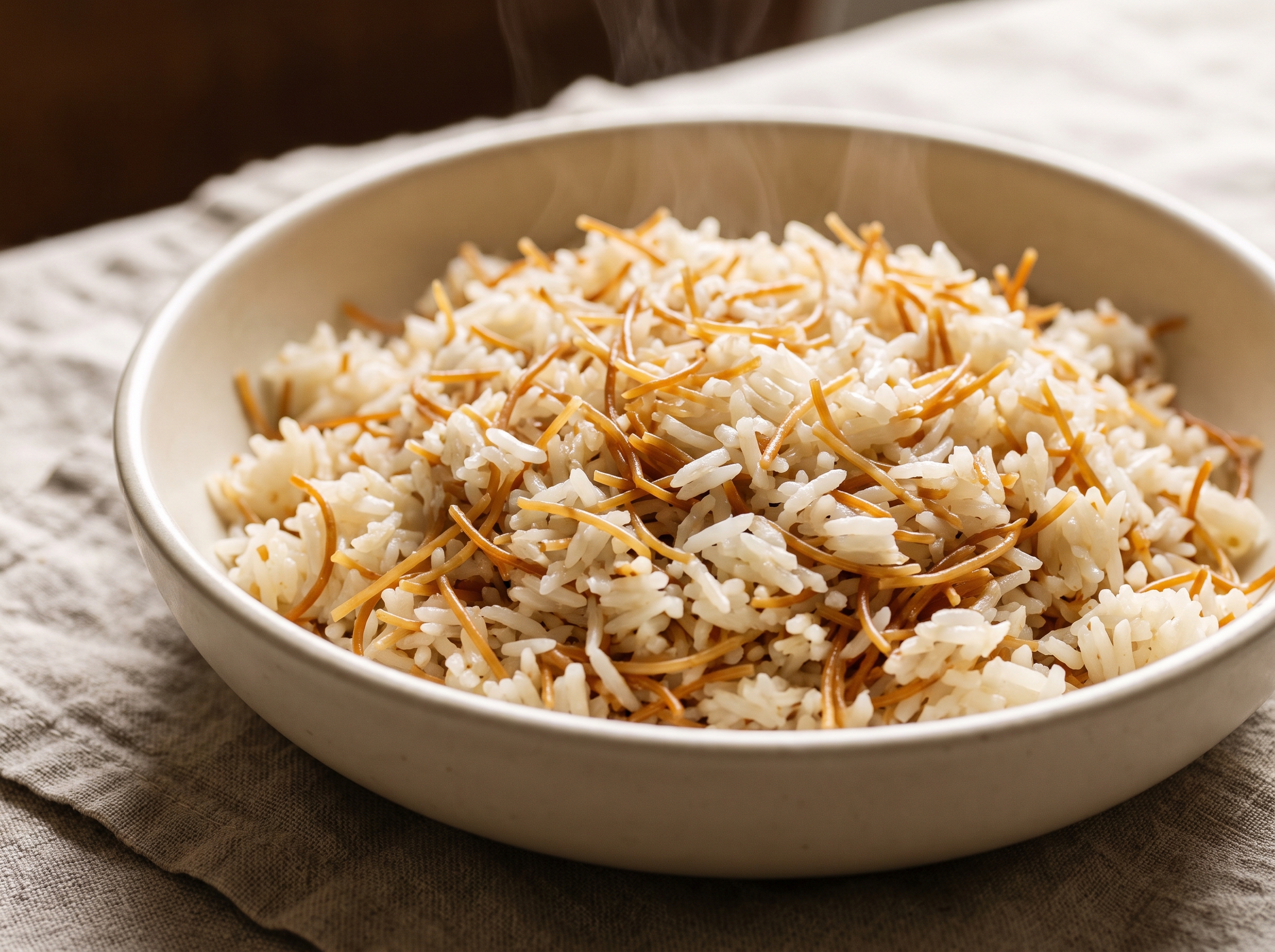 A bowl of fork-fluffed toasted vermicelli rice pilaf with golden-brown toasted threads running through the white rice, faint steam rising, on a matte ceramic dish