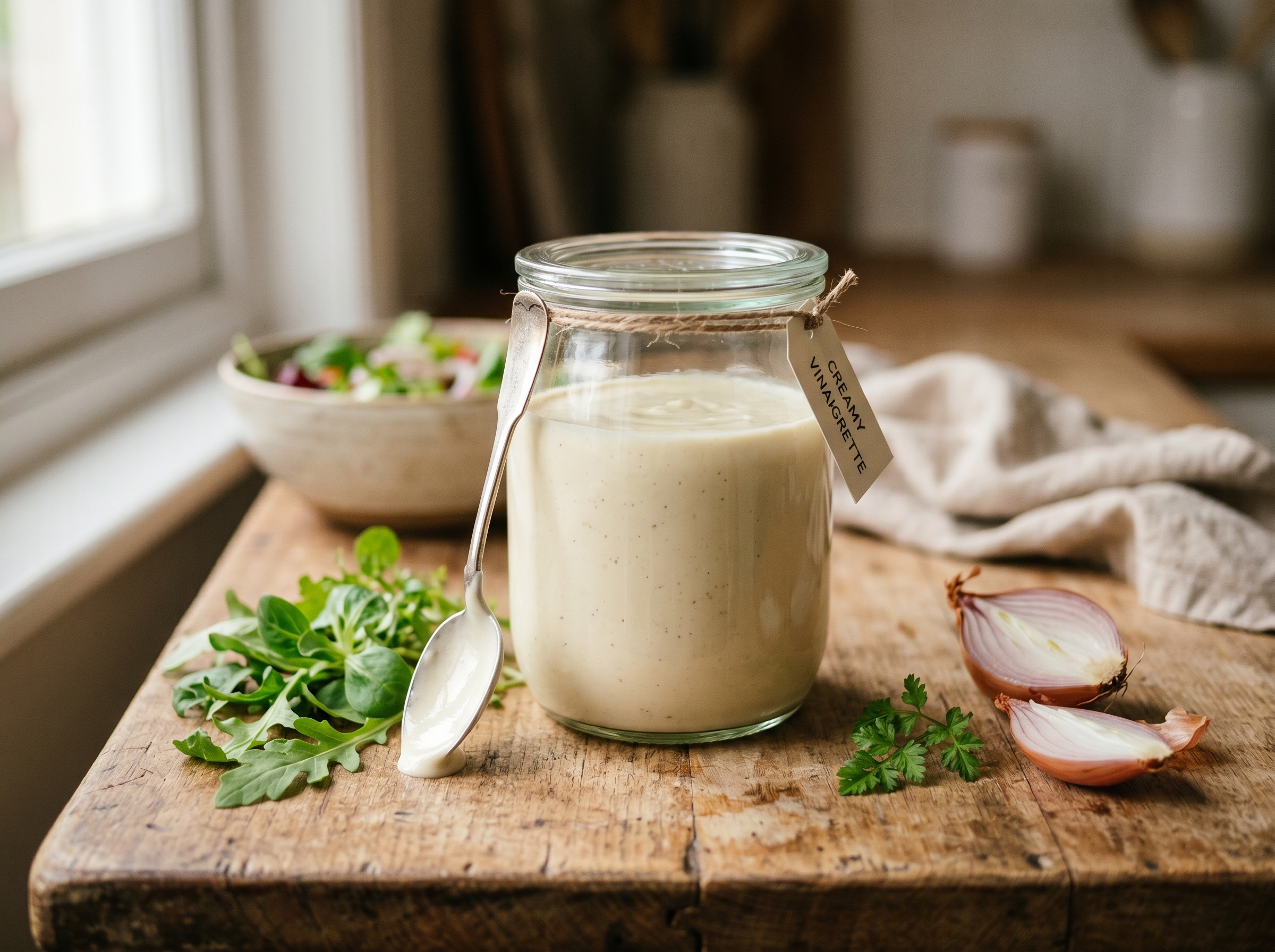 A 500ml glass jar of pale creamy emulsified French vinaigrette with a spoon and a few salad leaves