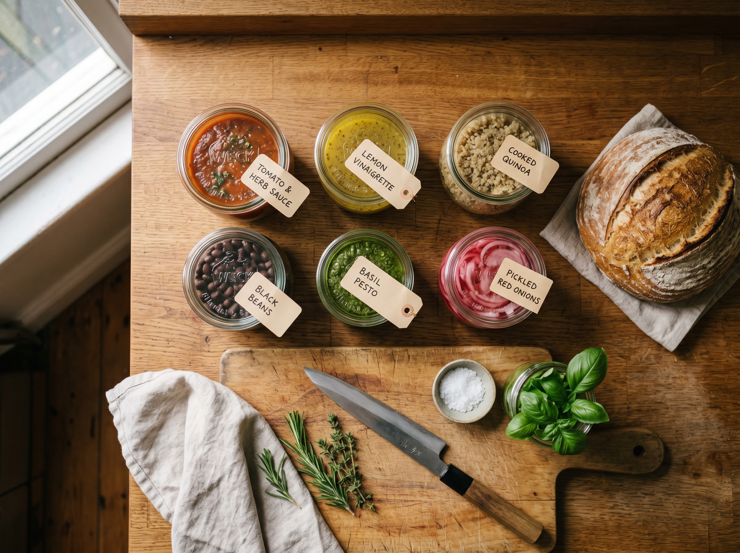 An overhead Sunday batch-cooking spread — six labeled jars of prep and a round loaf of bread on a counter