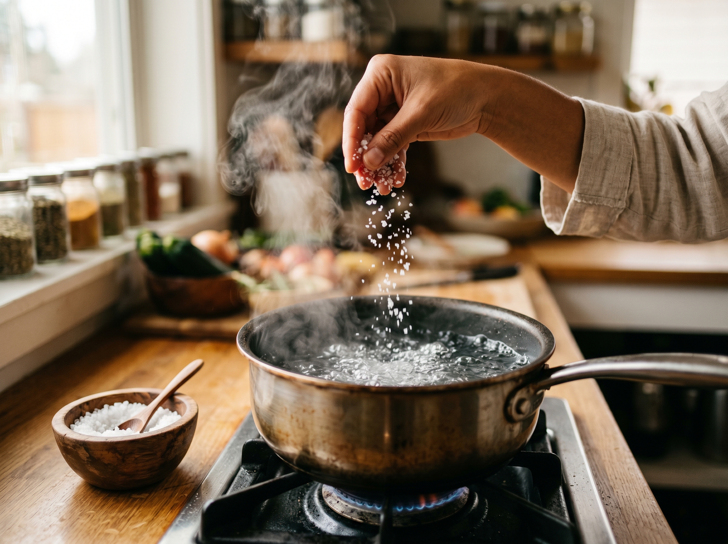A hand sprinkling coarse sea salt from a height into a pot of boiling water, crystals caught in the steam