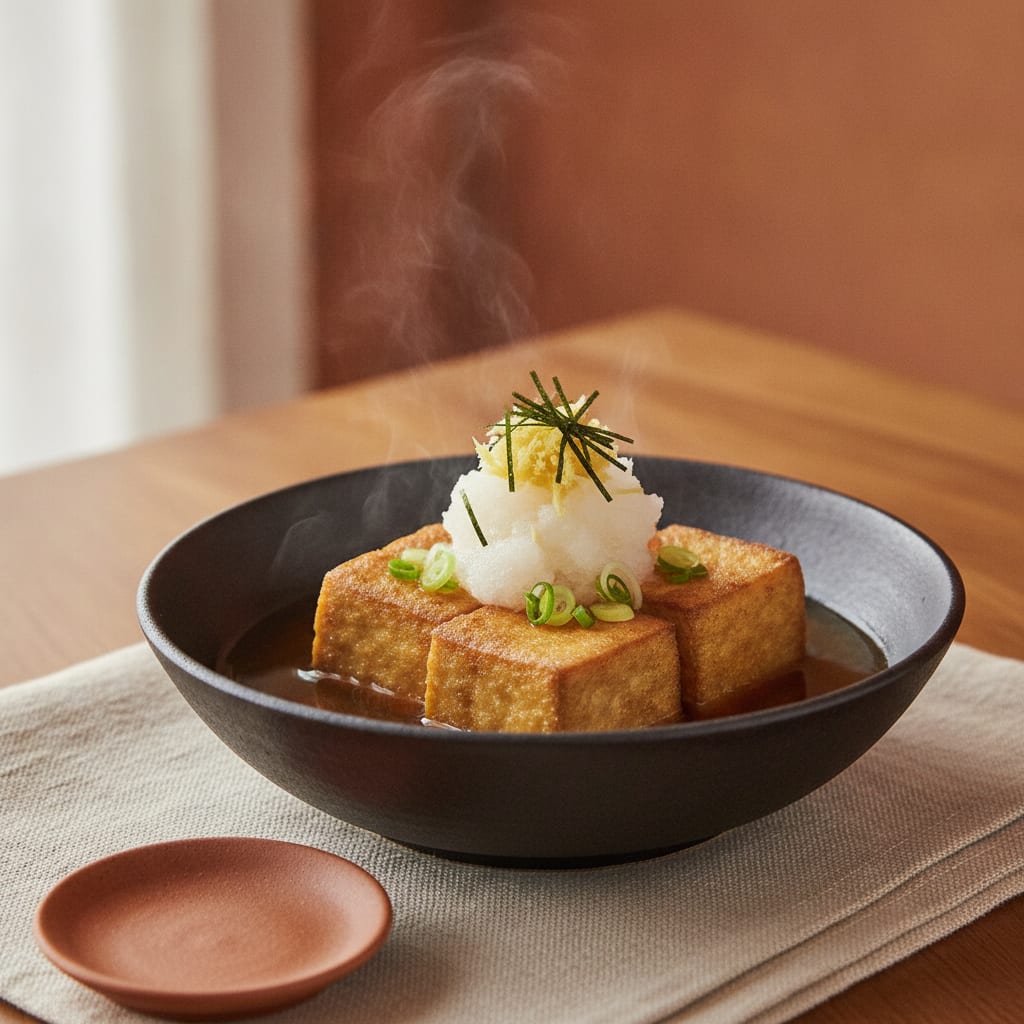 Three cubes of golden fried tofu standing in a shallow pool of clear dashi broth, topped with a mound of grated daikon, grated ginger, sliced scallion and a few green threads of nori