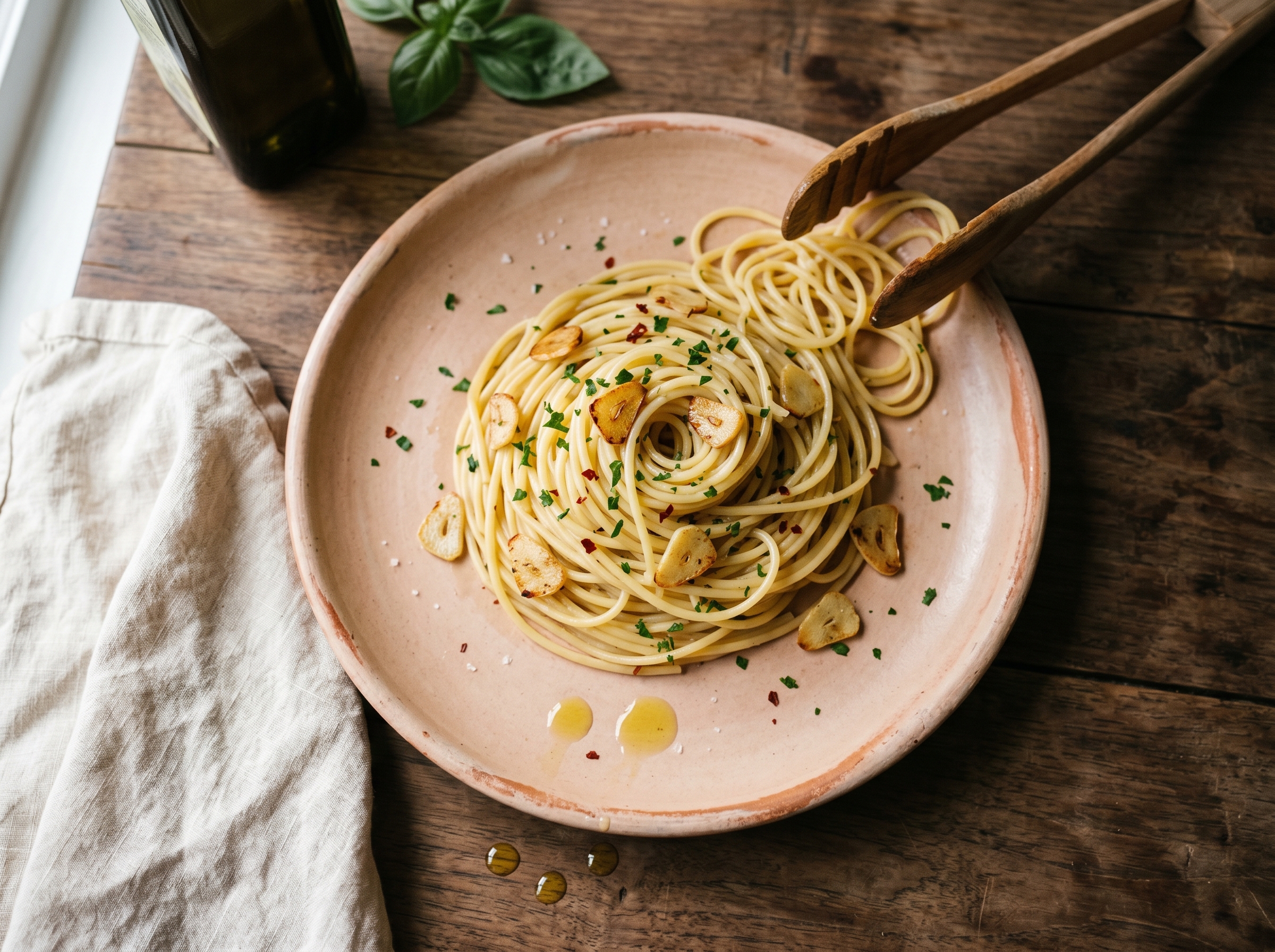 A nest of spaghetti glistening with golden garlic-oil sauce, scattered with parsley and red chile flakes, on a chipped white plate
