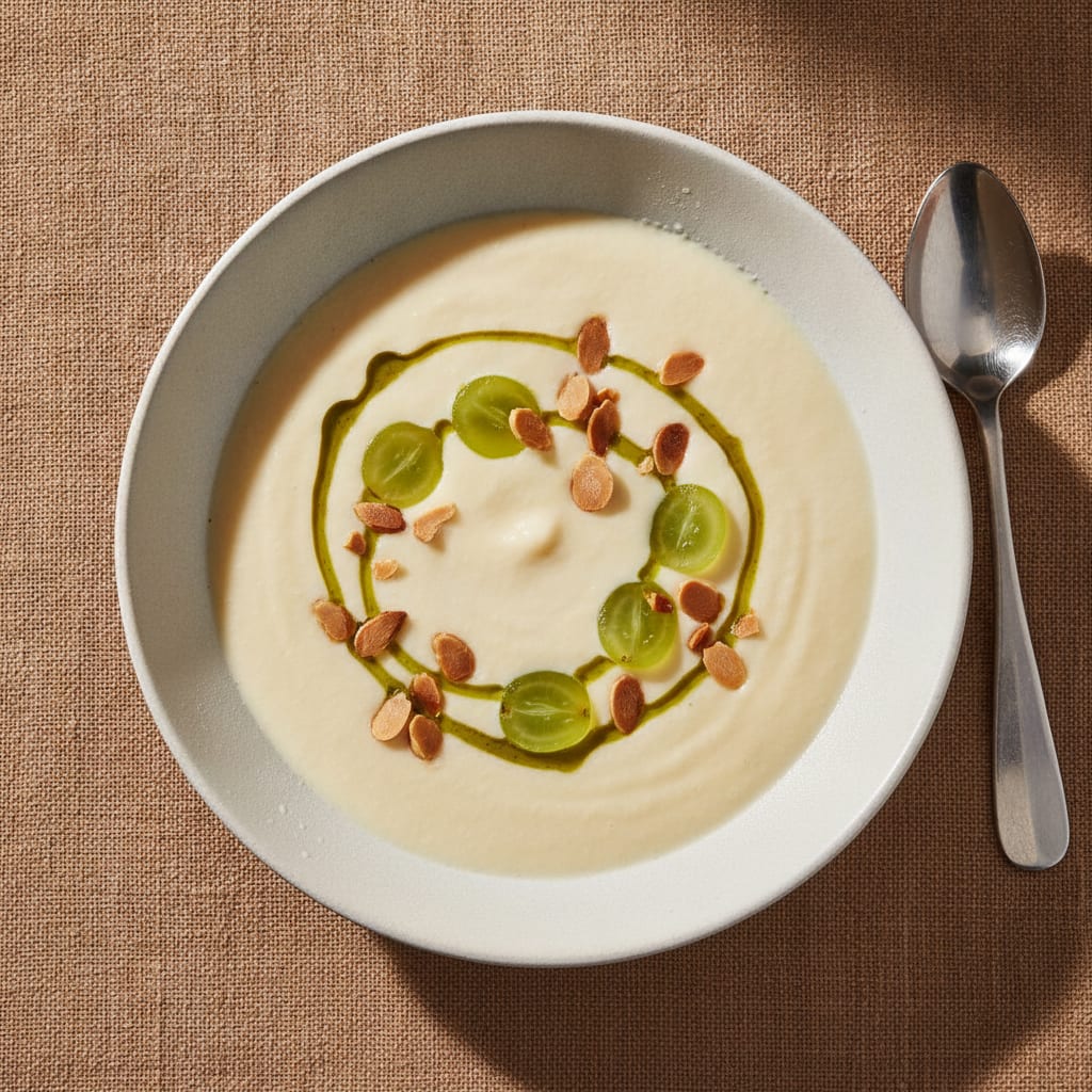 A shallow white bowl of pale, silky cold almond soup with a thread of green olive oil, halved green moscatel grapes and a few toasted almond slivers floating on top