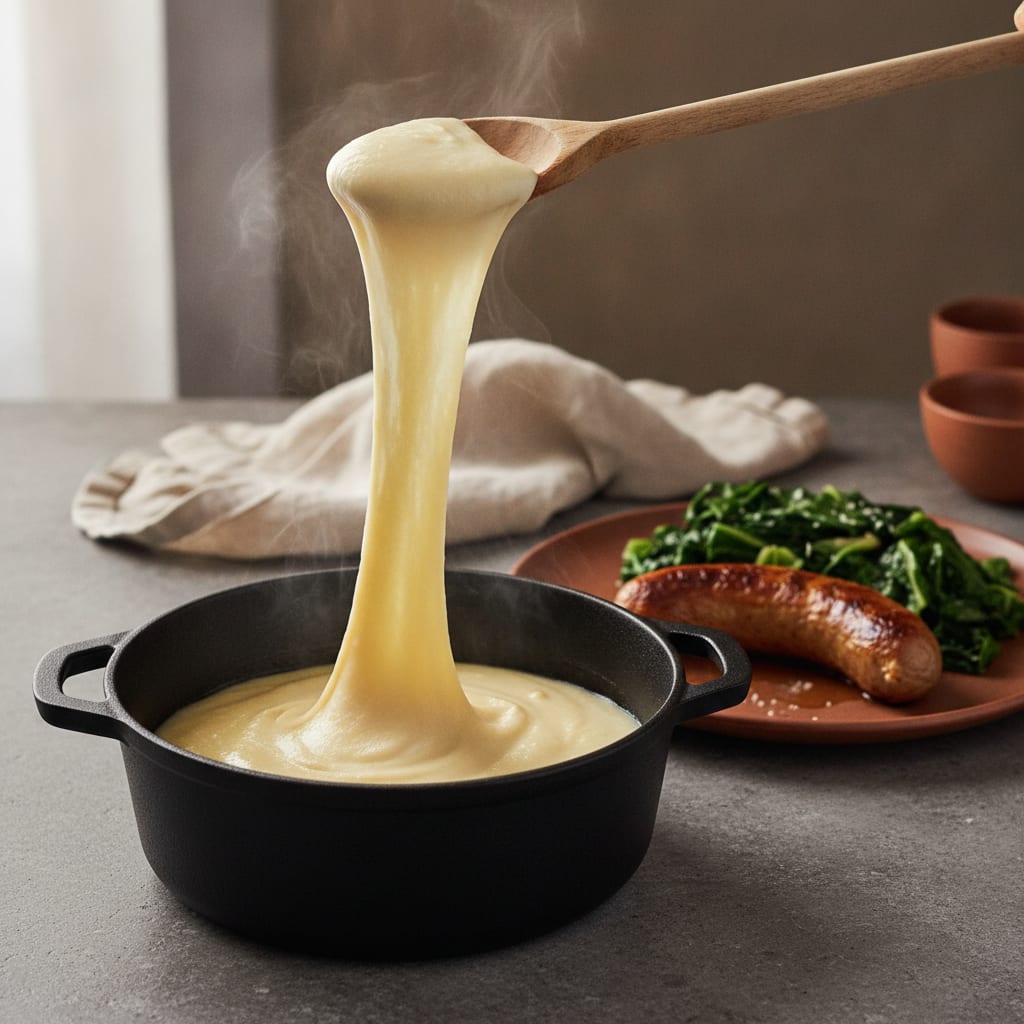 A wooden spoon lifting a long stretchy ribbon of aligot from a black cast-iron pot, the potato purée glossy and elastic, a sausage of seitan and a pile of greens on a plate beside it