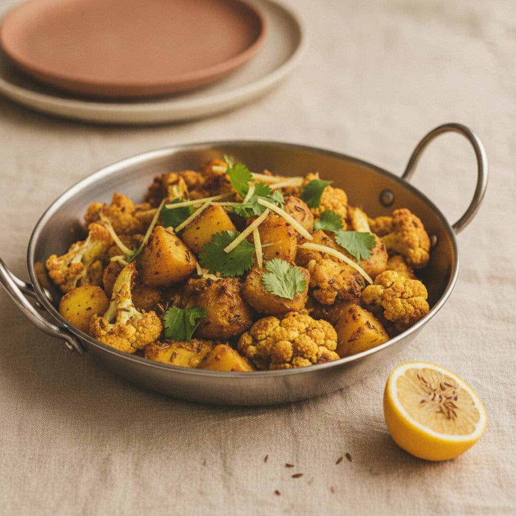 A dry aloo gobi in a steel kadai, golden-browned cauliflower florets and potato cubes flecked with turmeric and cumin, scattered with fresh coriander and ginger juliennes