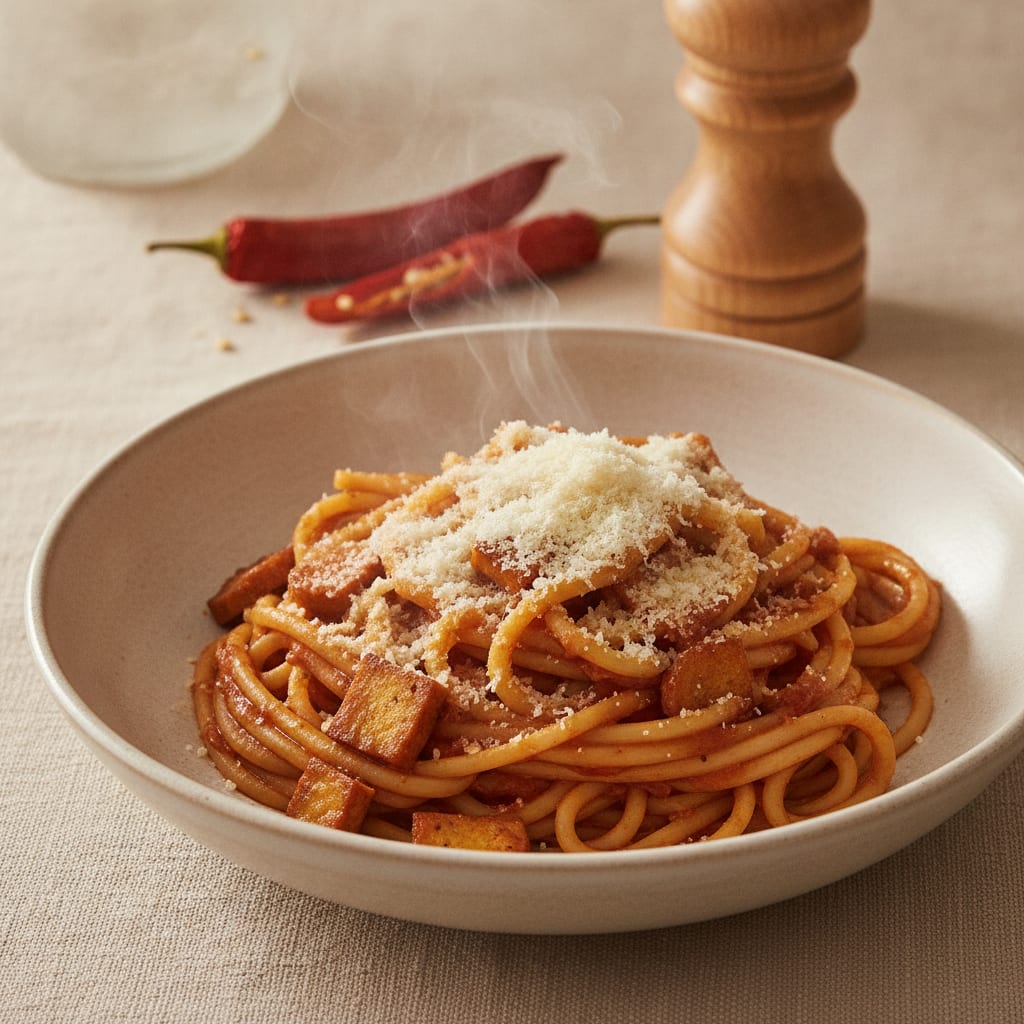 A wide bowl of bucatini all'amatriciana, glossy red tomato sauce clinging to the strands, crisp browned mushroom lardons and a snow of pale grated cashew pecorino on top