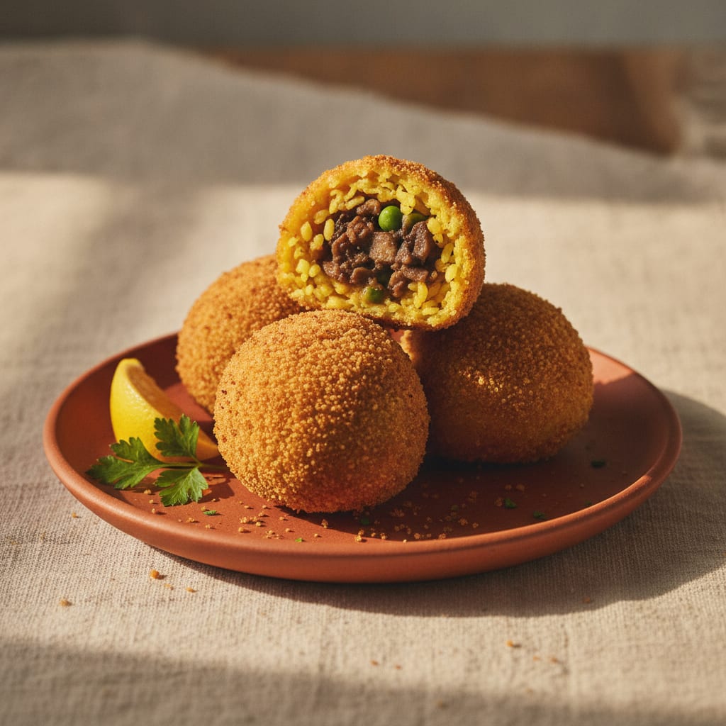 Three golden-fried saffron arancini on a plate, one split open to show the bright yellow rice and a dark mushroom-pea ragù centre, with lemon and parsley alongside