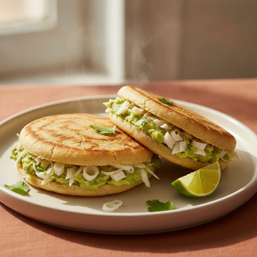 Two split golden arepas on a plate, their crackled shells opened to show a soft steamy crumb, stuffed and overflowing with a pale green avocado and shredded heart-of-palm filling