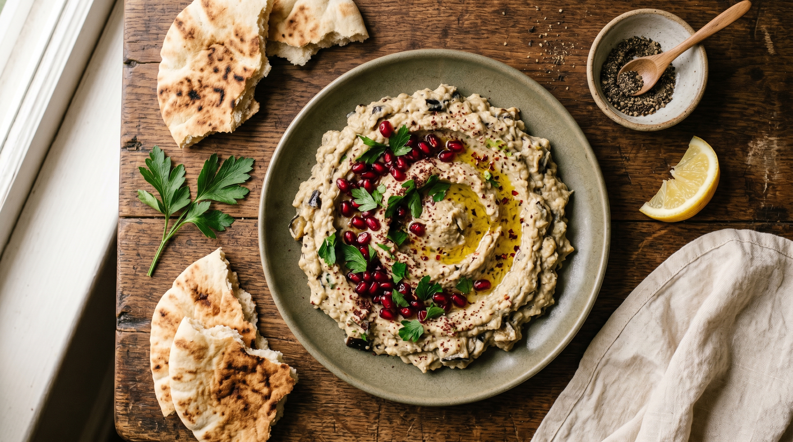 A shallow bowl of pale gray-beige baba ganoush with pomegranate seeds, parsley, and a generous pool of green olive oil
