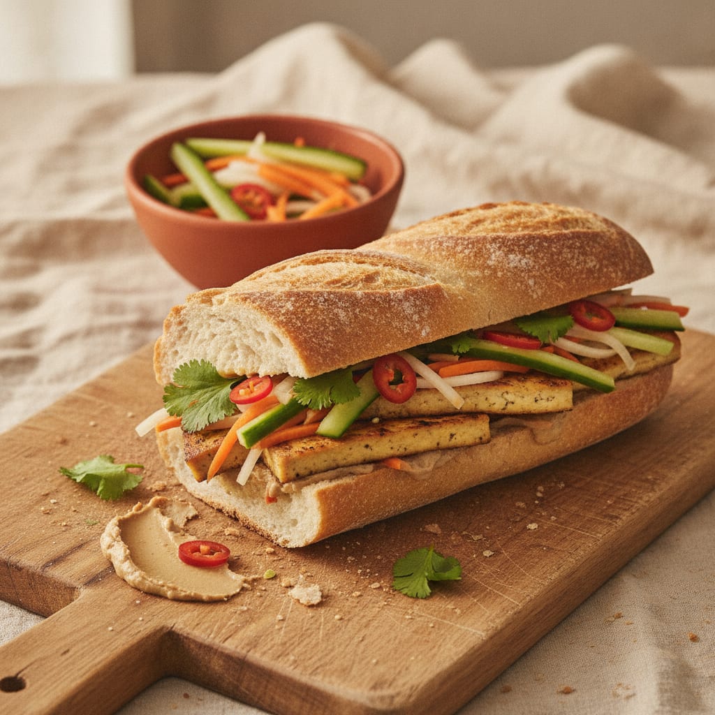 A split baguette bánh mì loaded with lemongrass tofu, orange pickled carrot and daikon, cucumber batons, cilantro, and red chili, cut on the diagonal