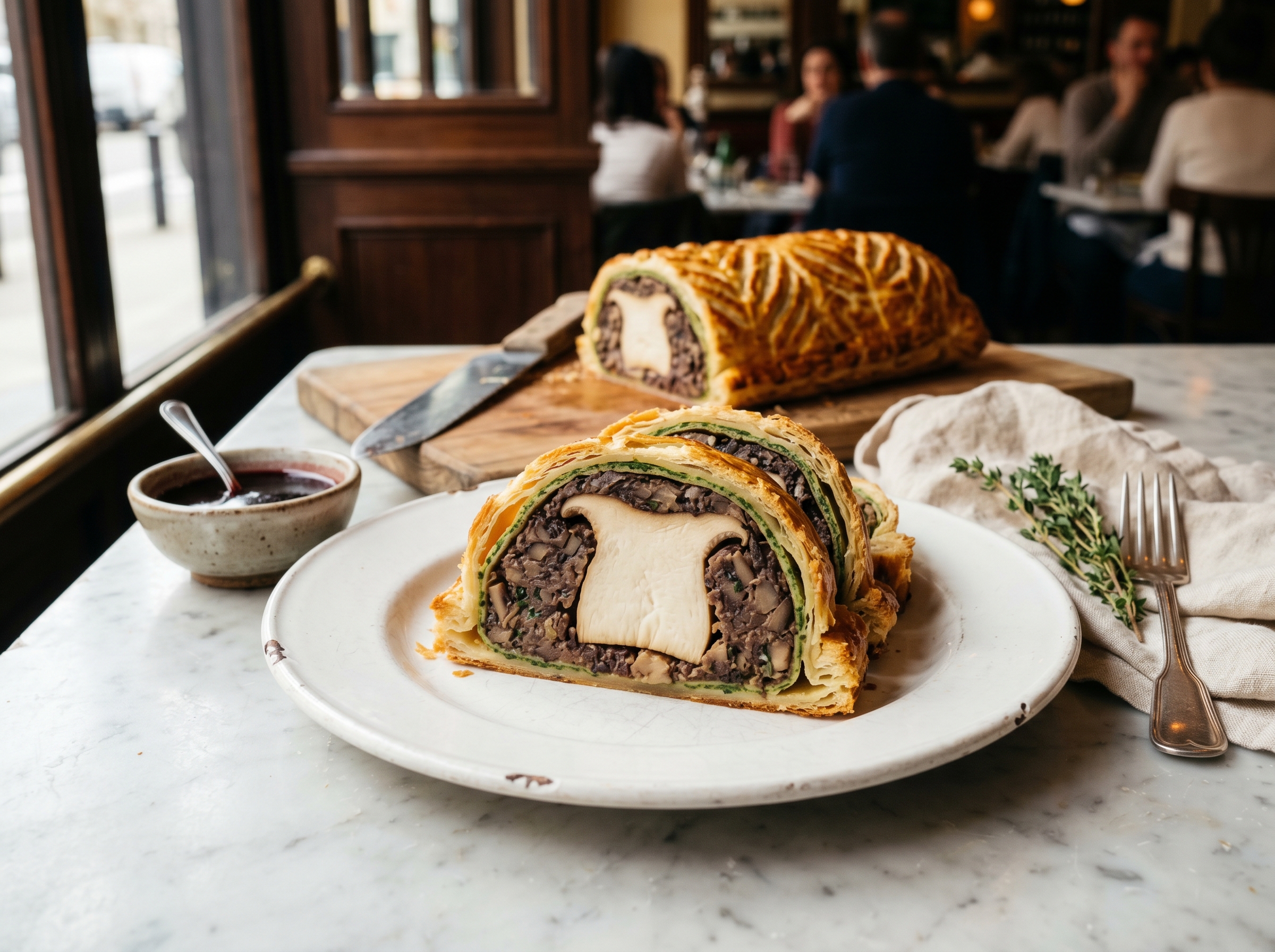 A sliced wellington showing distinct layers — golden puff pastry crust, dark green spinach-mustard layer, deep brown mushroom duxelles, and the pink-amber mushroom center