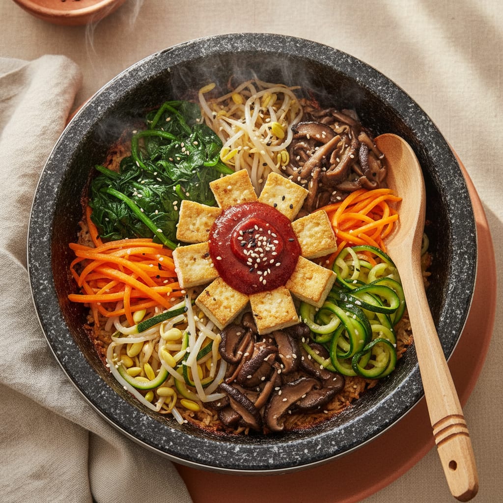 A hot stone bowl of bibimbap with separate piles of seasoned spinach, carrot, bean sprouts, shiitake and zucchini arranged in a ring over rice, golden seared tofu in the center and a spoonful of red gochujang sauce