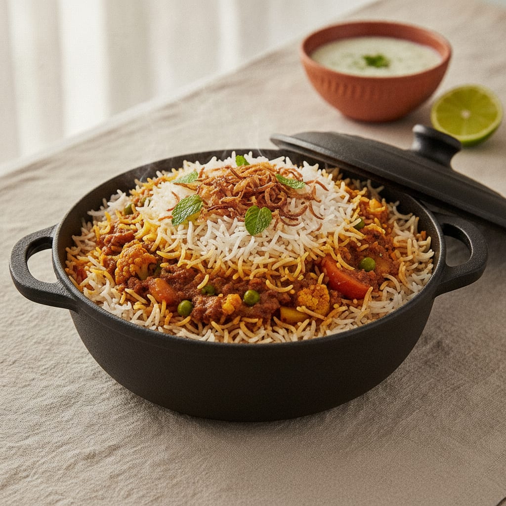 A cast-iron handi of layered vegetable dum biryani opened at the table, saffron-streaked white basmati over a spiced vegetable layer, fried onions and mint scattered on top