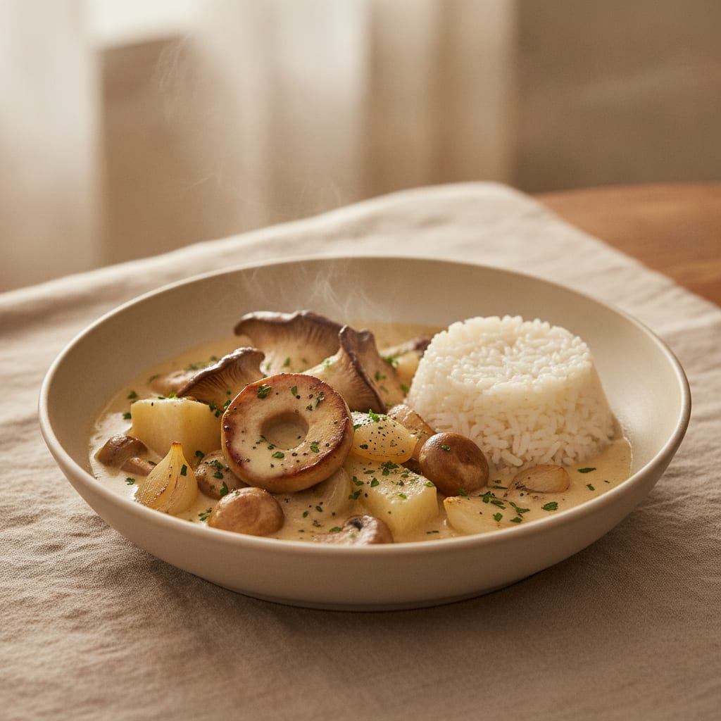 A shallow bowl of ivory blanquette with celeriac wedges, king oyster medallions, glazed pearl onions and button mushrooms in a pale cream sauce, parsley scattered, rice alongside