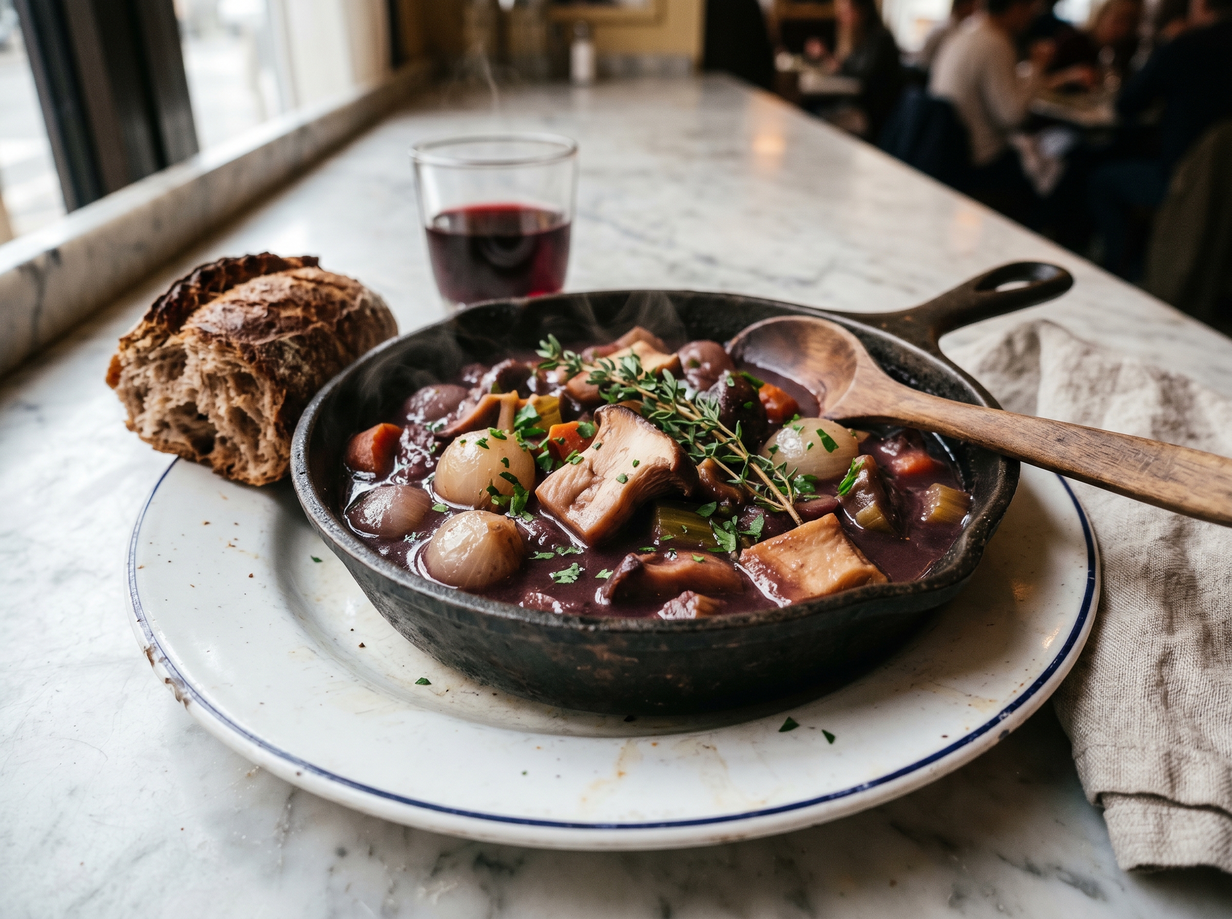 A wide cast-iron pan of glossy mahogany bourguignon with whole pearl onions, mushrooms, and a sprig of thyme
