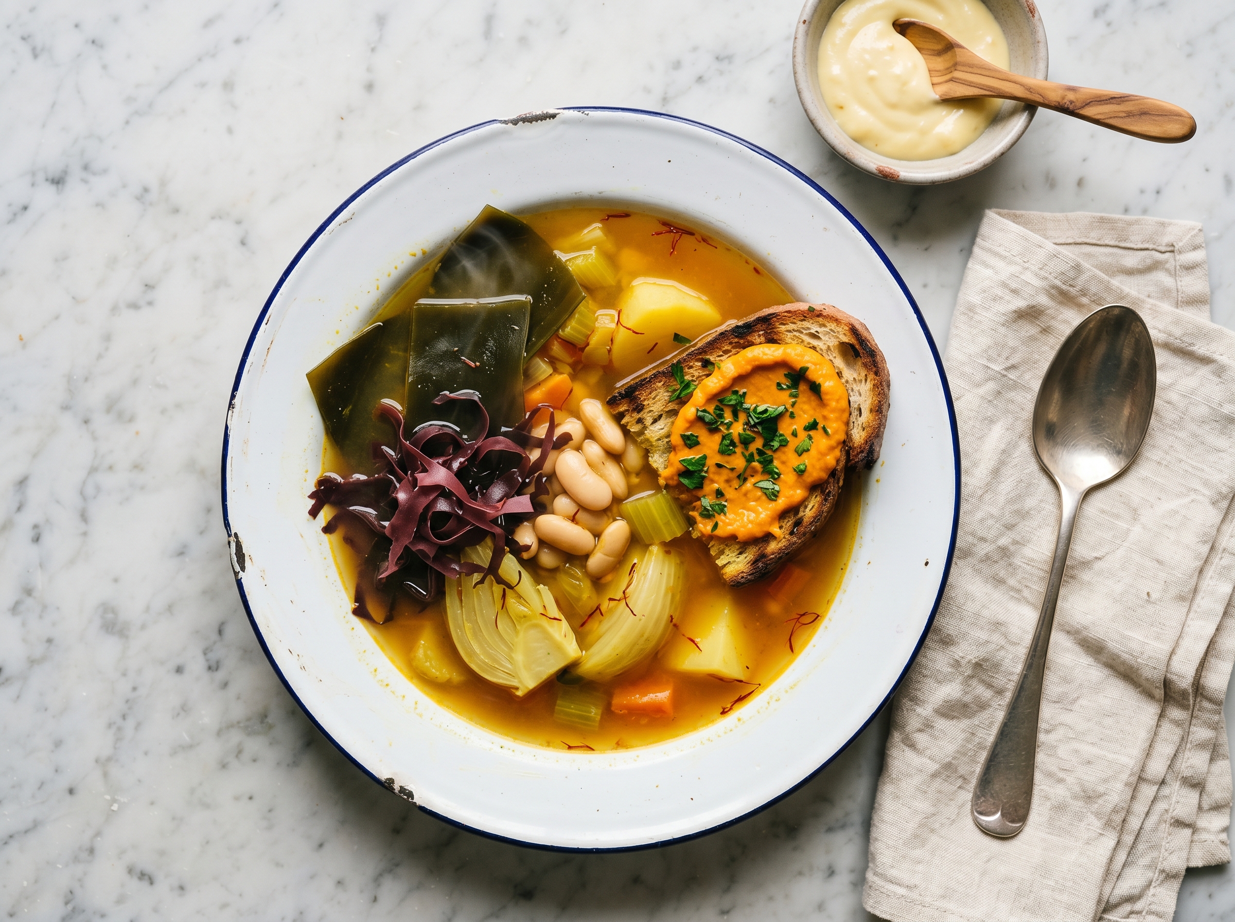 A wide shallow bowl of orange-amber broth with chunks of fennel, potato, and tomato, finished with grilled garlic bread and a dollop of rouille