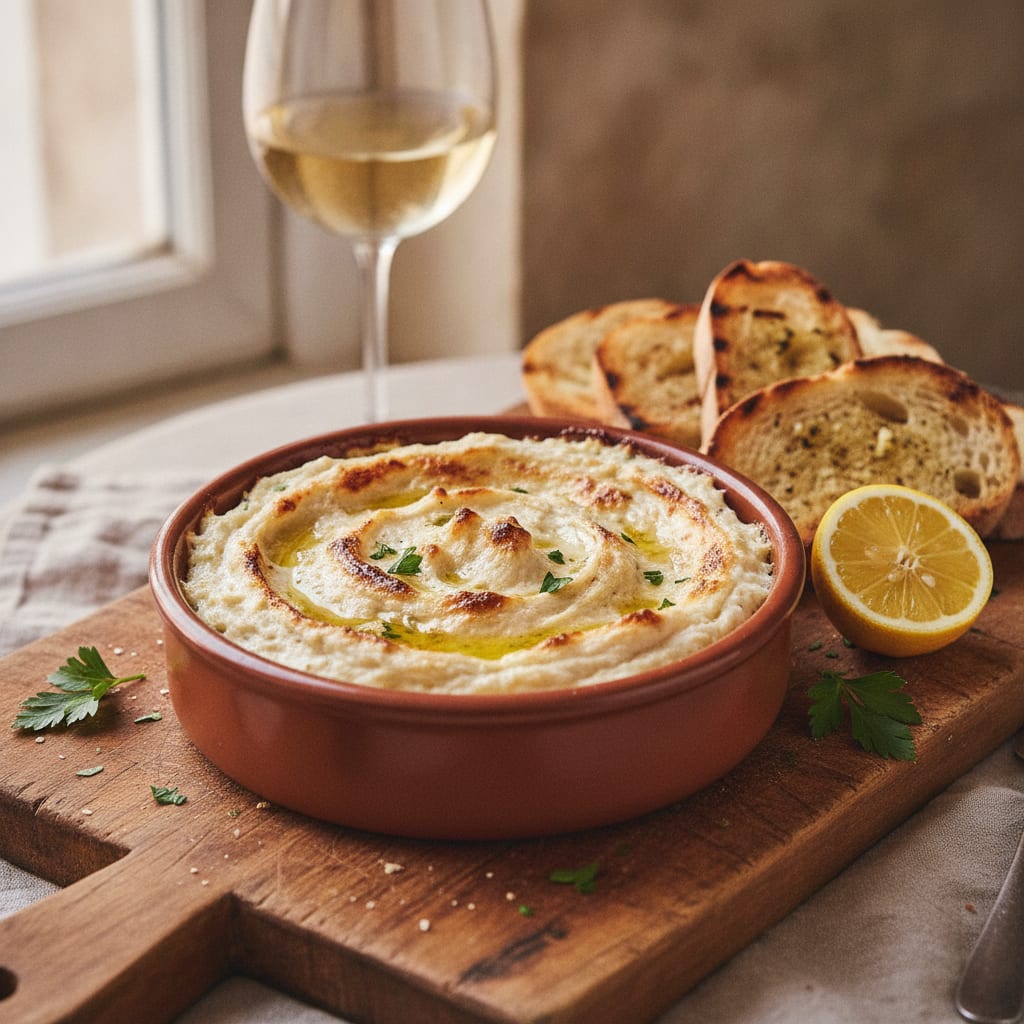 A shallow gratin dish of pale, fluffy brandade emulsion, the top forked into peaks and golden under the grill, drizzled with olive oil, grilled garlic-rubbed toast and lemon alongside