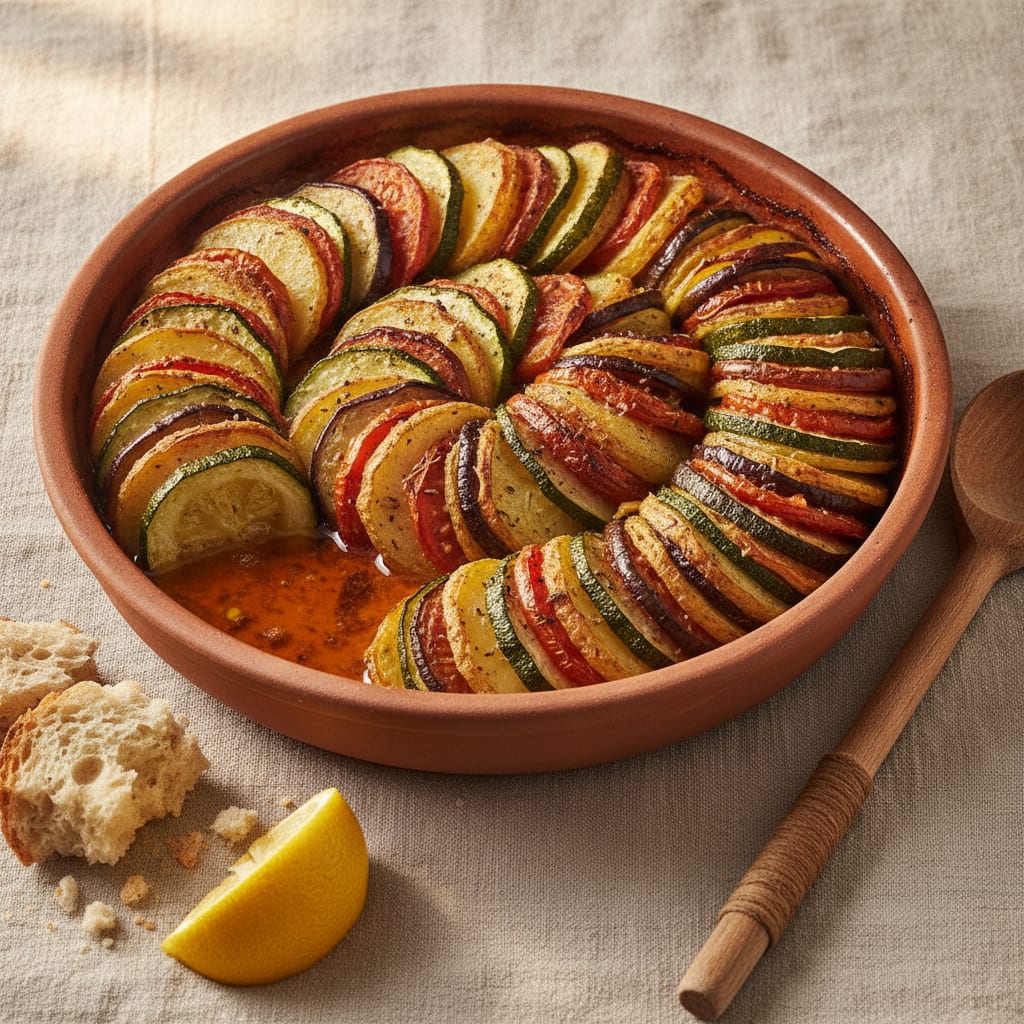A rustic baking dish of overlapping potato, courgette, aubergine and tomato slices, browned and blistered on top, sitting in a slick of orange olive oil