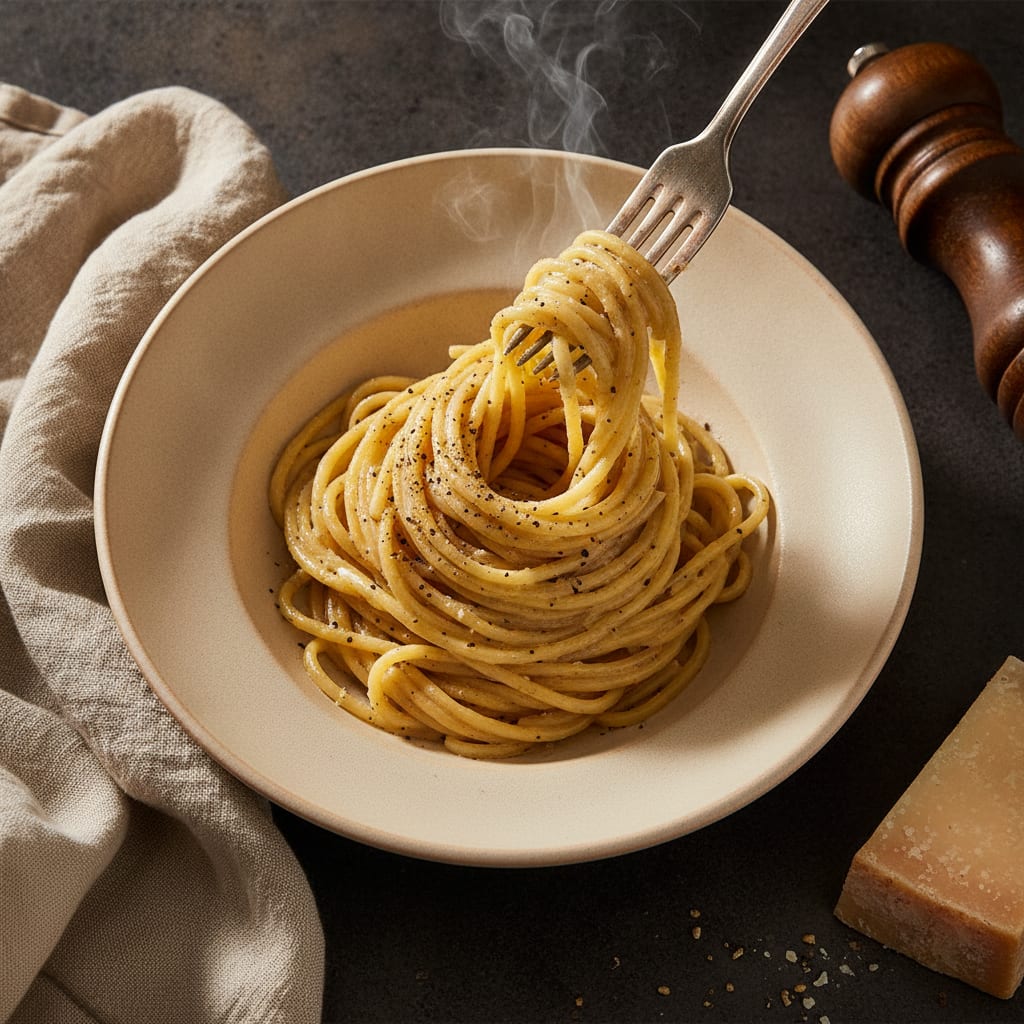A twirled nest of tonnarelli pasta in a shallow bowl, glossy and pale gold, heavily flecked with coarse cracked black pepper, a fork lifting a few strands