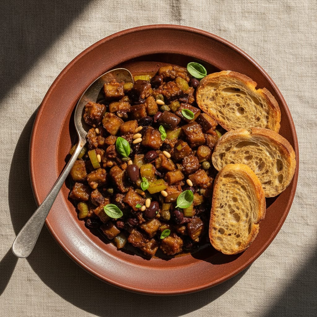 A mound of glossy dark caponata — cubed eggplant, celery, olives and capers in a sweet-sour tomato glaze — on a rustic plate with toasted bread
