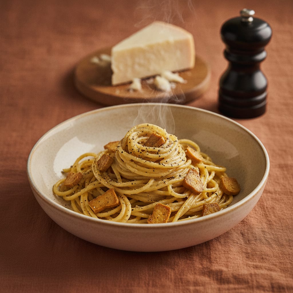 A nest of spaghetti glossed in pale gold carbonara sauce, flecked with crisp smoked tofu and cracked black pepper, in a warm shallow bowl