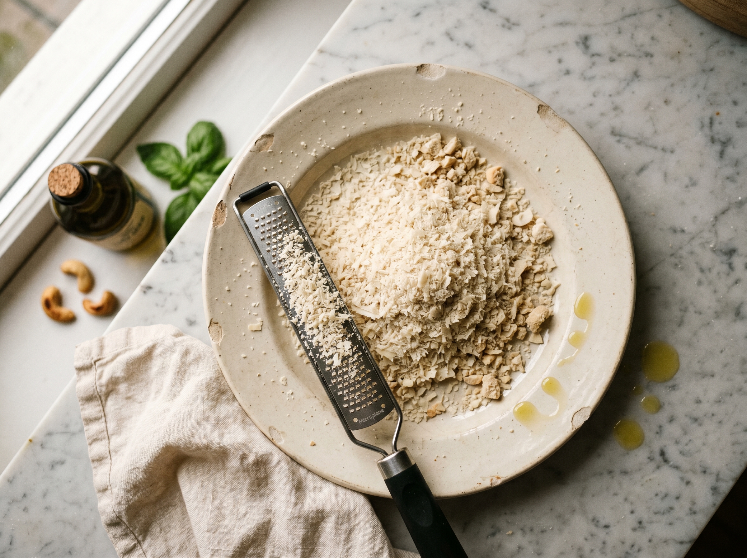 A small ceramic ramekin of pale-golden grated cashew parmesan, with a microplane resting beside it
