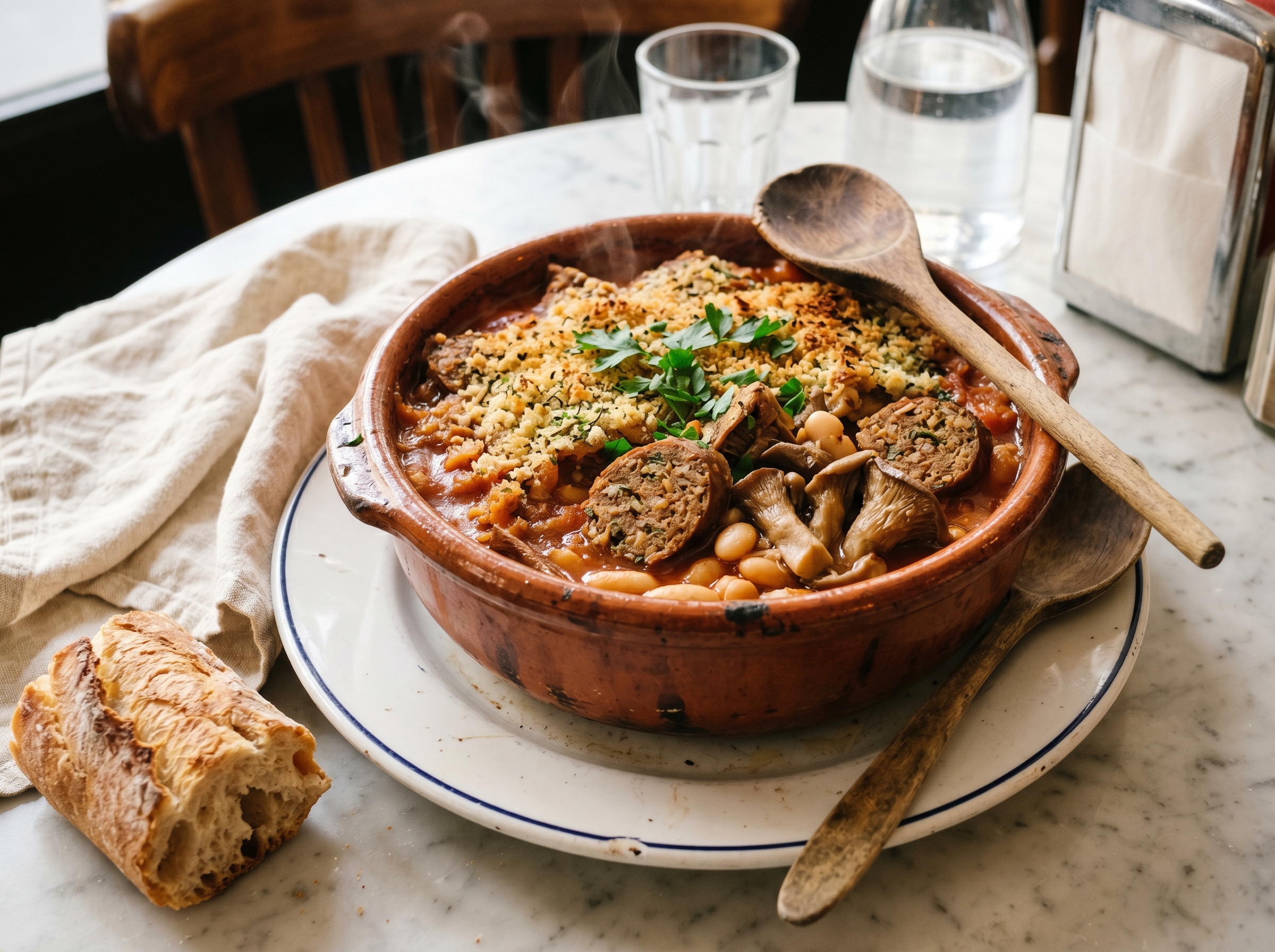 A deep earthenware cassole of bubbling cassoulet with a deep golden breadcrumb crust, cracked open with a spoon to show the beans beneath