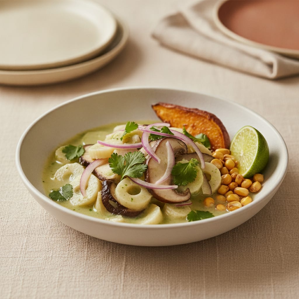 A shallow white bowl of ceviche: discs of hearts of palm and king oyster in cloudy lime leche de tigre, slivered red onion, cilantro, with sweet potato and toasted corn alongside